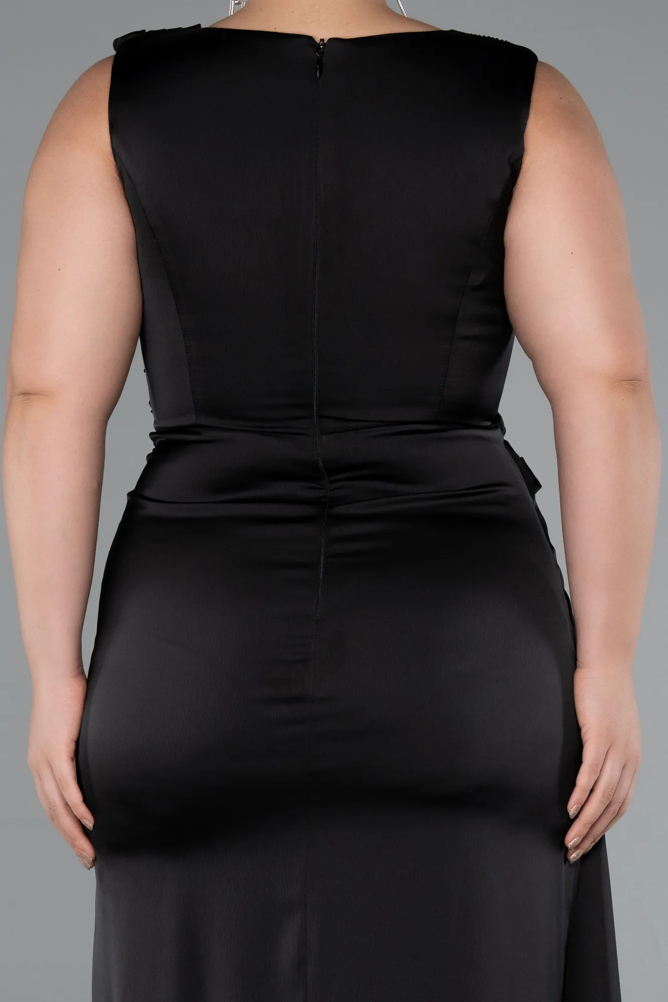 Black-Long Satin Plus Size Evening Dress ABU5193