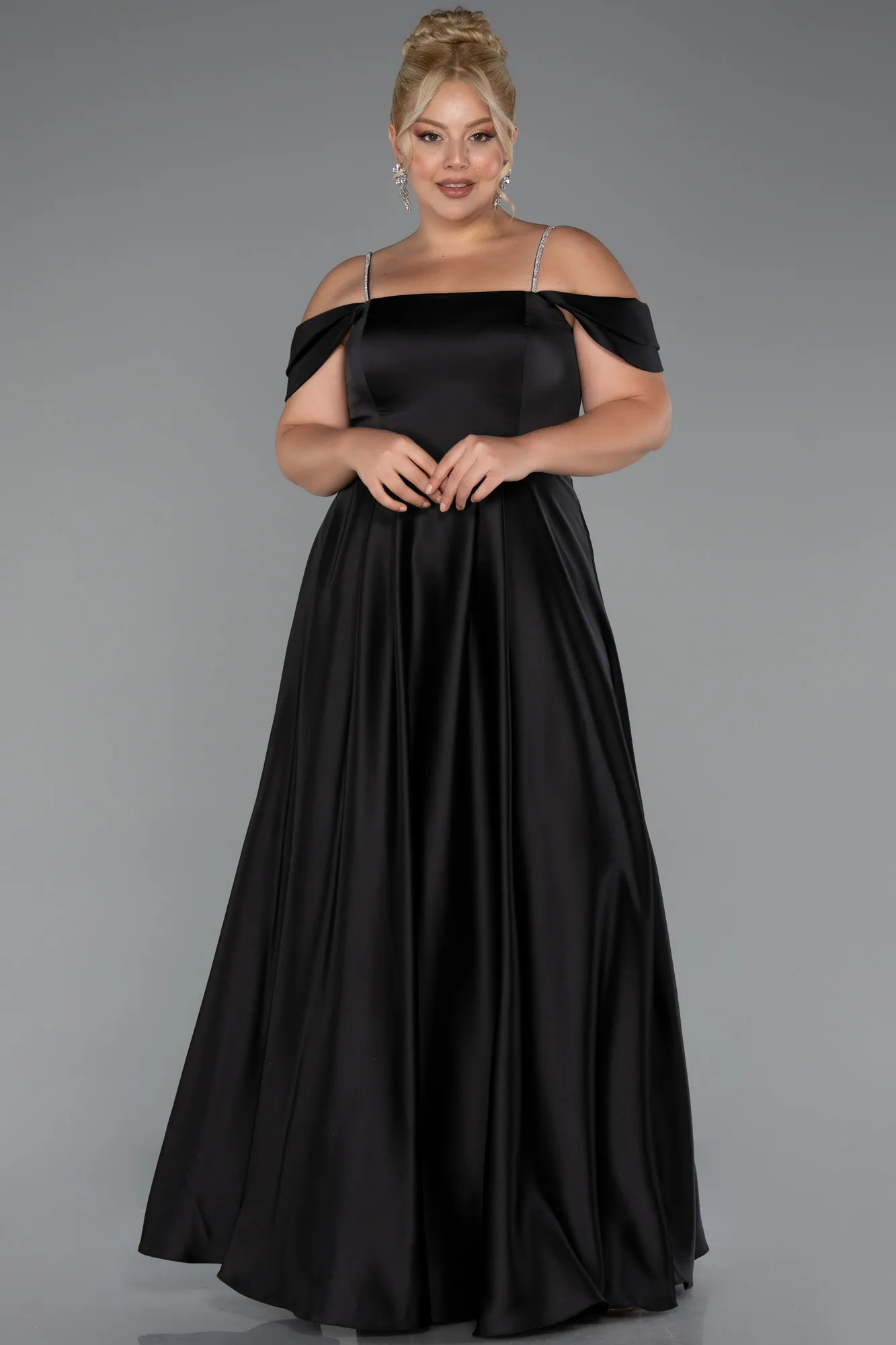 Black-Long Satin Plus Size Evening Dress ABU5251