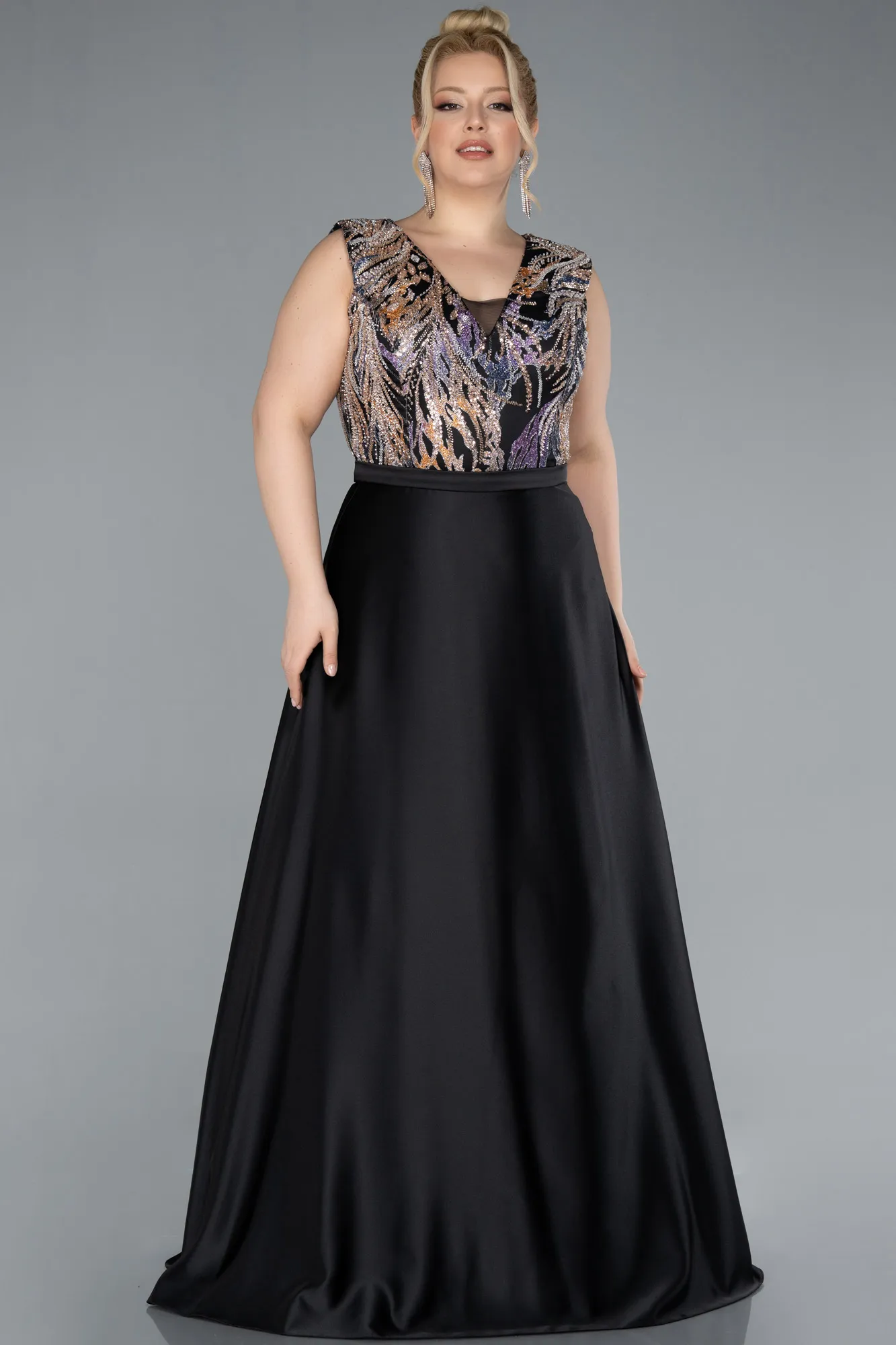 Black-Long Satin Plus Size Evening Gown ABU4667