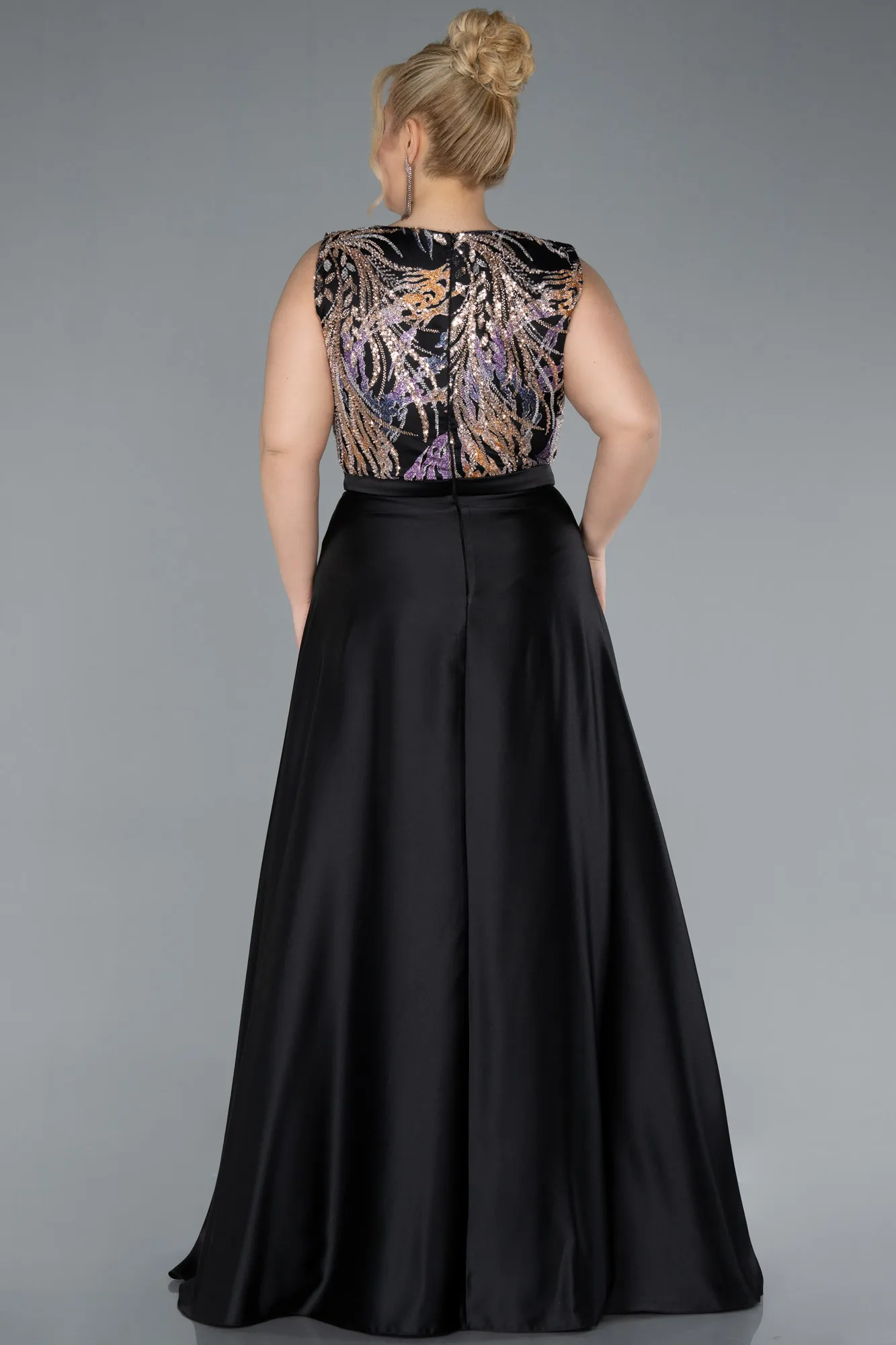 Black-Long Satin Plus Size Evening Gown ABU4667