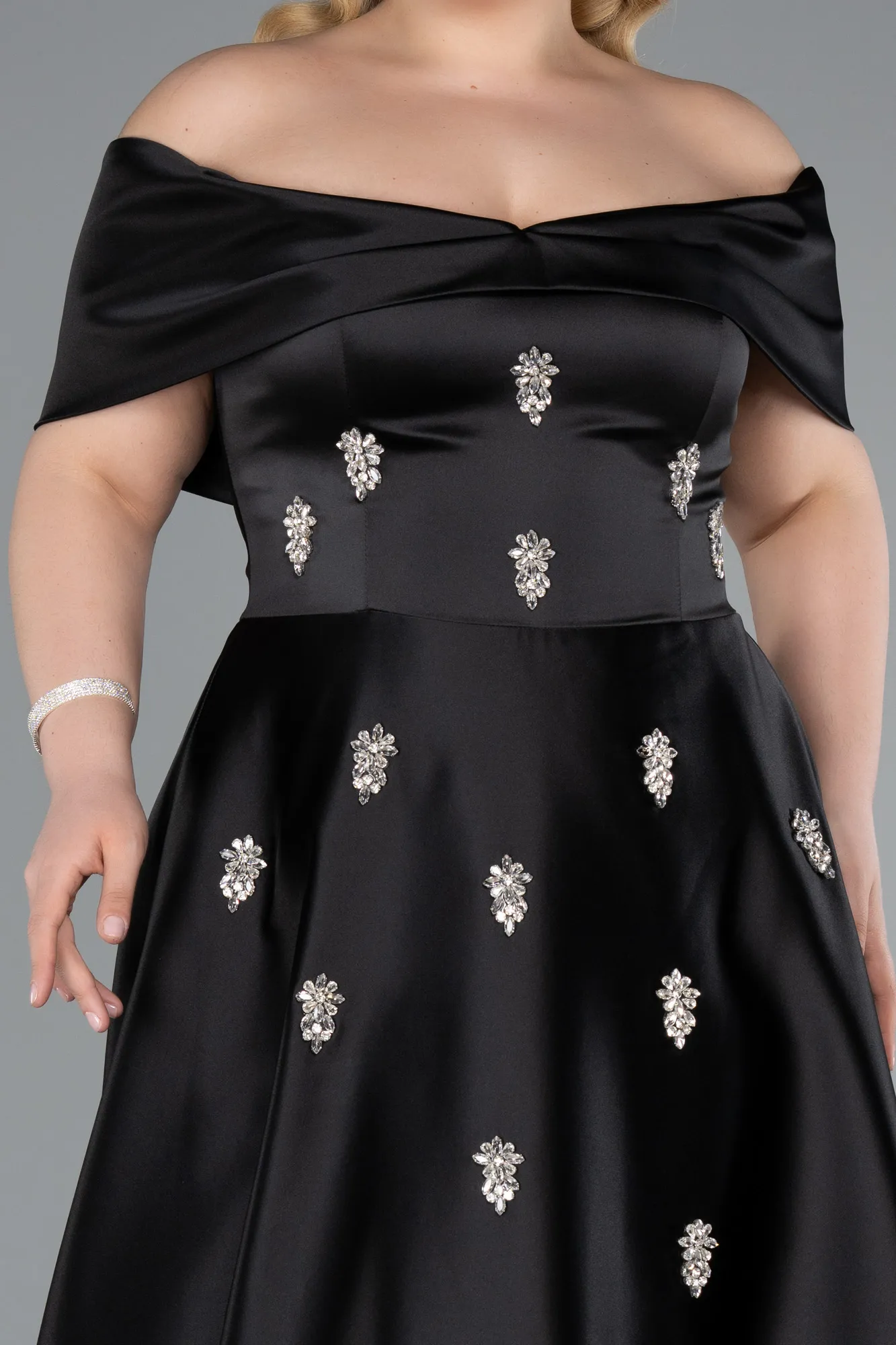 Black-Long Satin Plus Size Evening Gown ABU4998