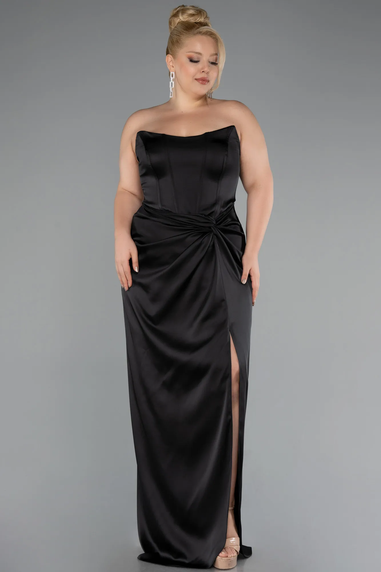 Black-Long Satin Plus Size Evening Gown ABU5179