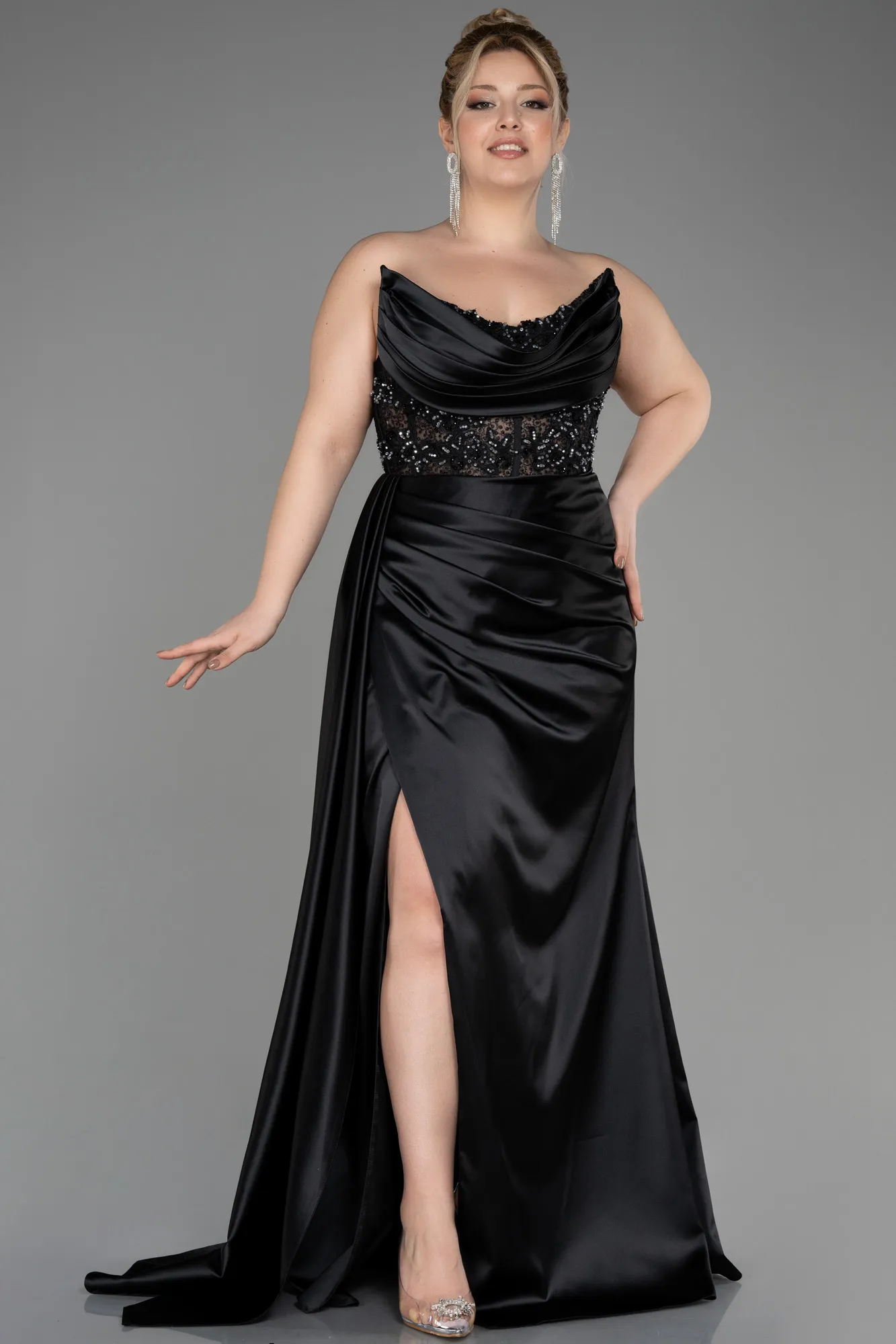 Black-Long Satin Plus Size Prom Dress ABU3855