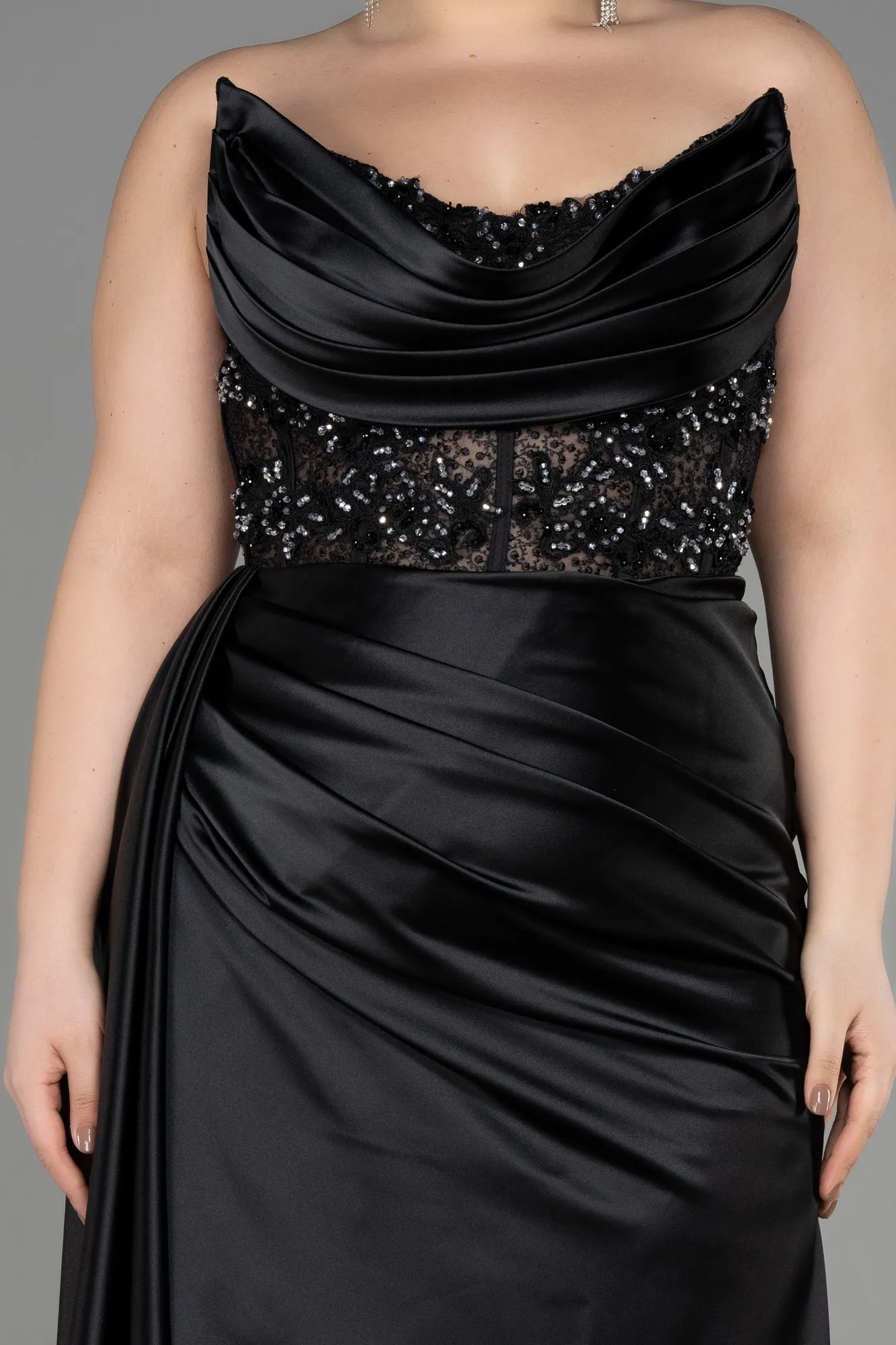 Black-Long Satin Plus Size Prom Dress ABU3855