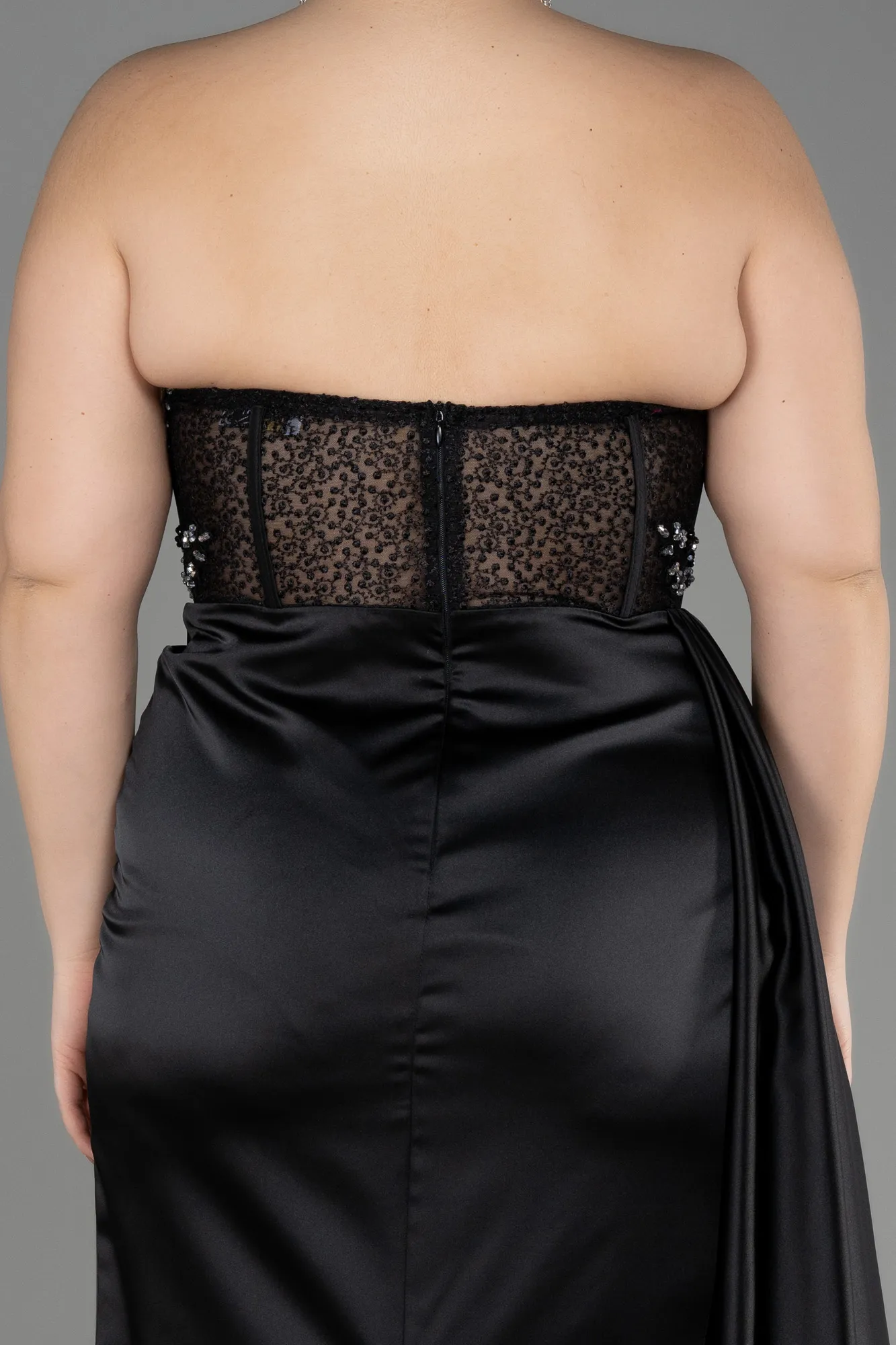 Black-Long Satin Plus Size Prom Dress ABU3855