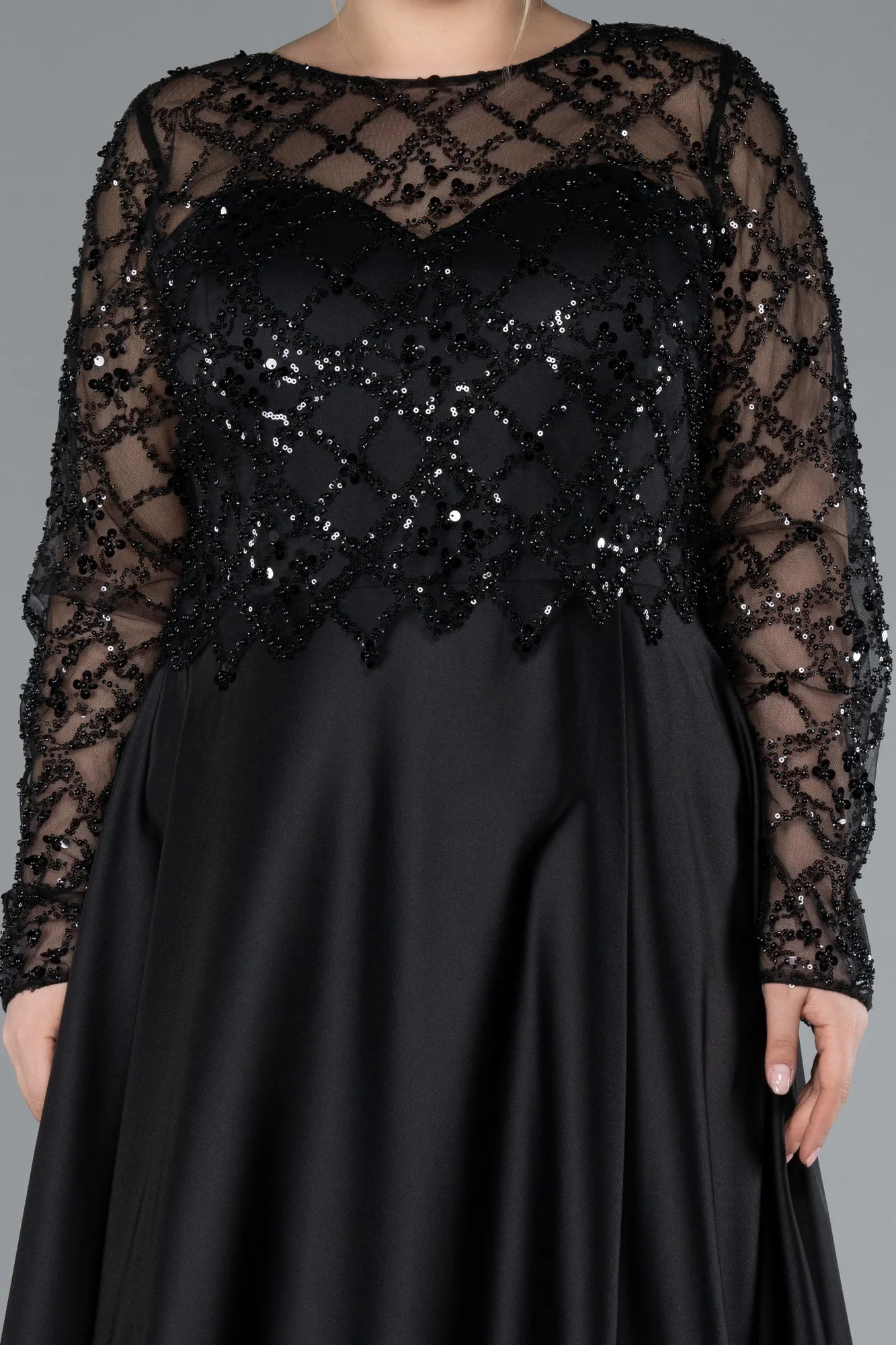 Black-Long Satin Plus Size Wedding Dress ABU4639