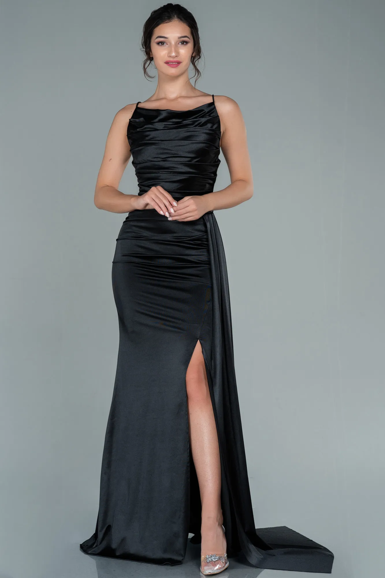 Black-Long Satin Prom Gown ABU2539
