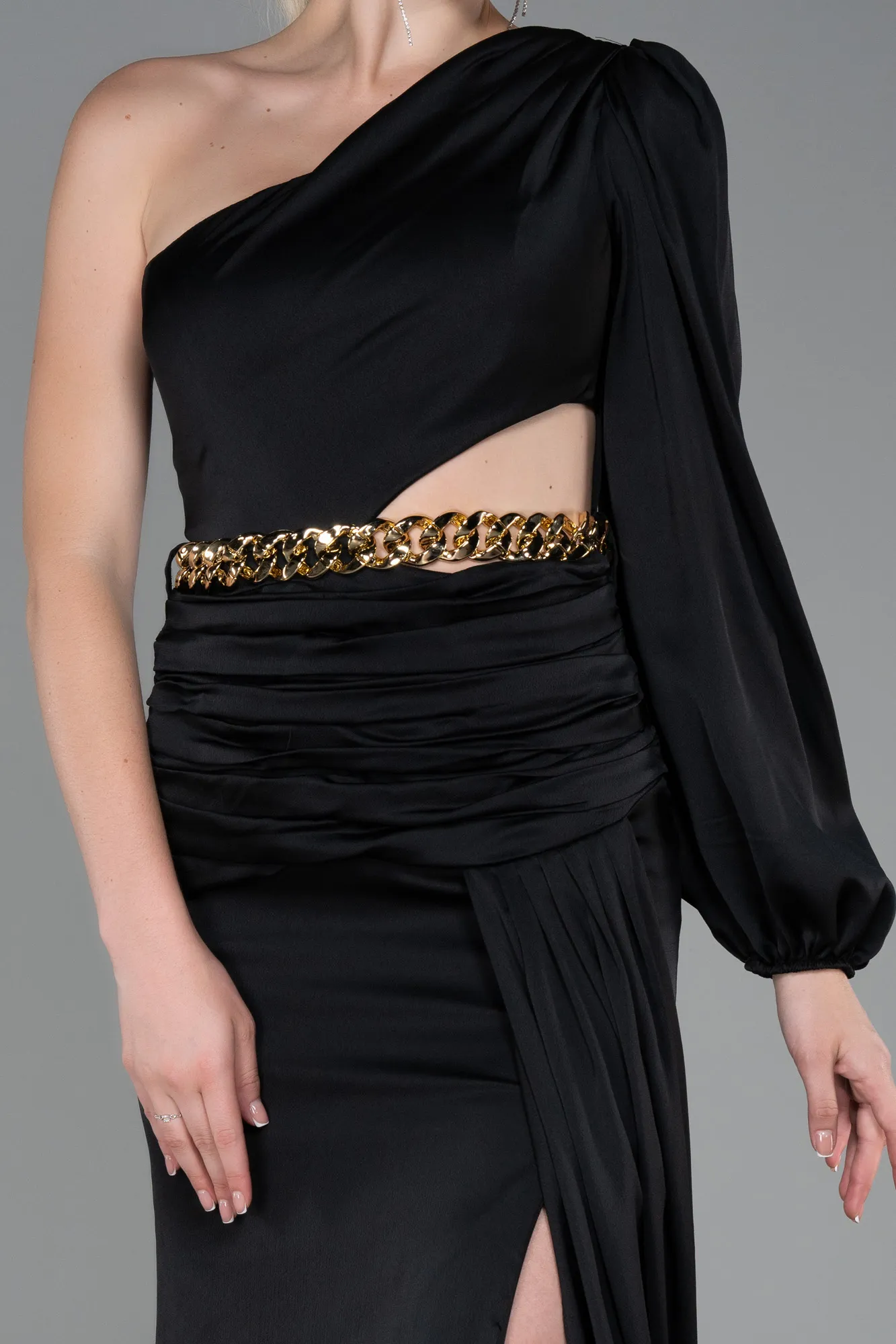 Black-Long Satin Prom Gown ABU2625
