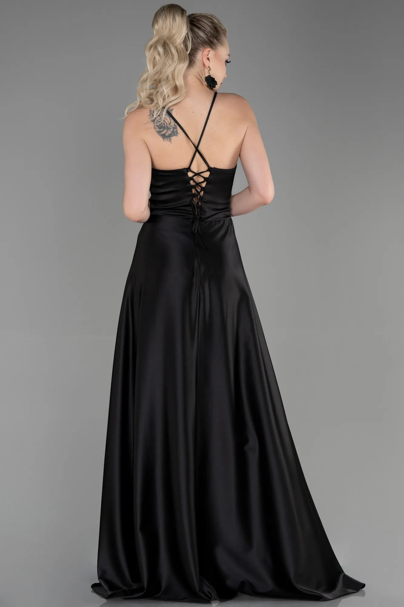 Black-Long Satin Prom Gown ABU3242