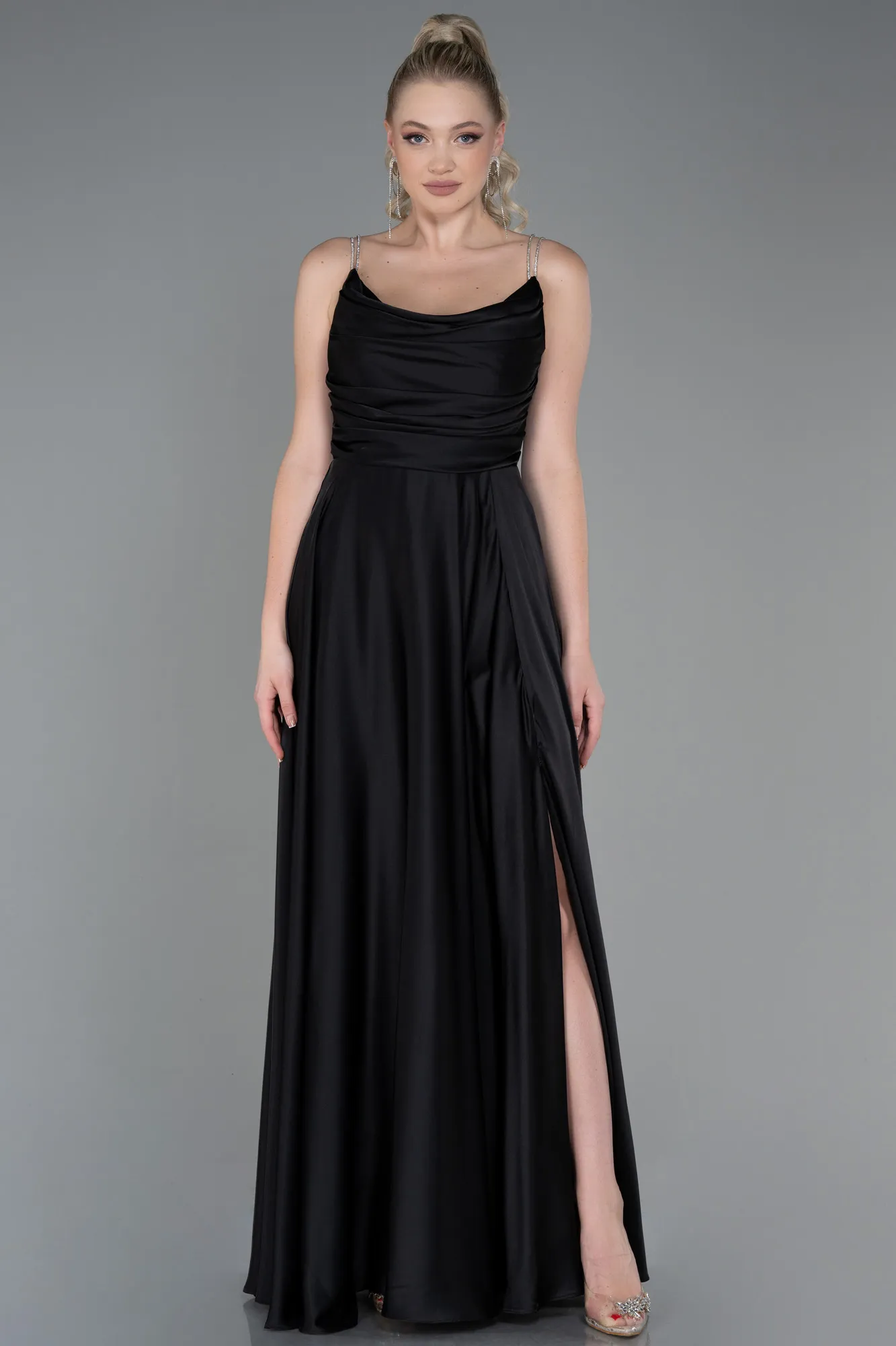 Black-Long Satin Prom Gown ABU3275