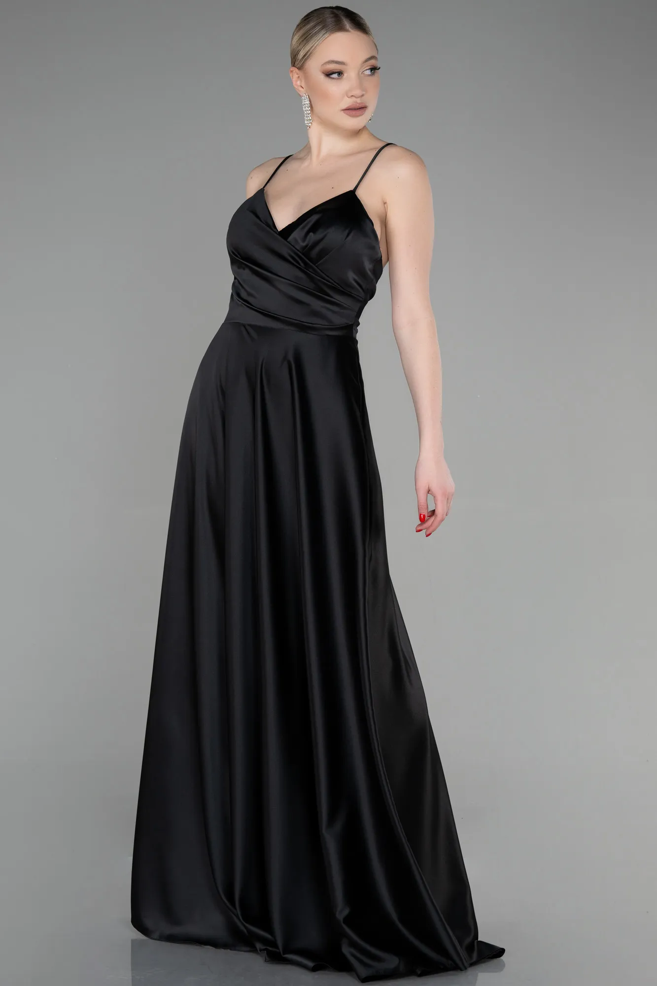 Black-Strappy Long Satin Prom Gown ABU3610