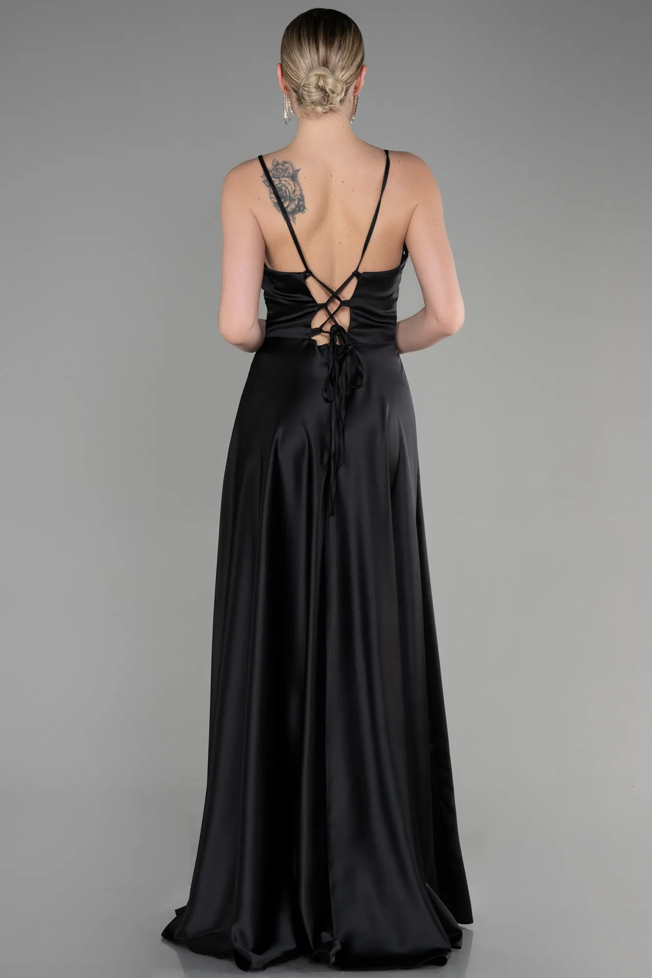 Black-Strappy Long Satin Prom Gown ABU3610