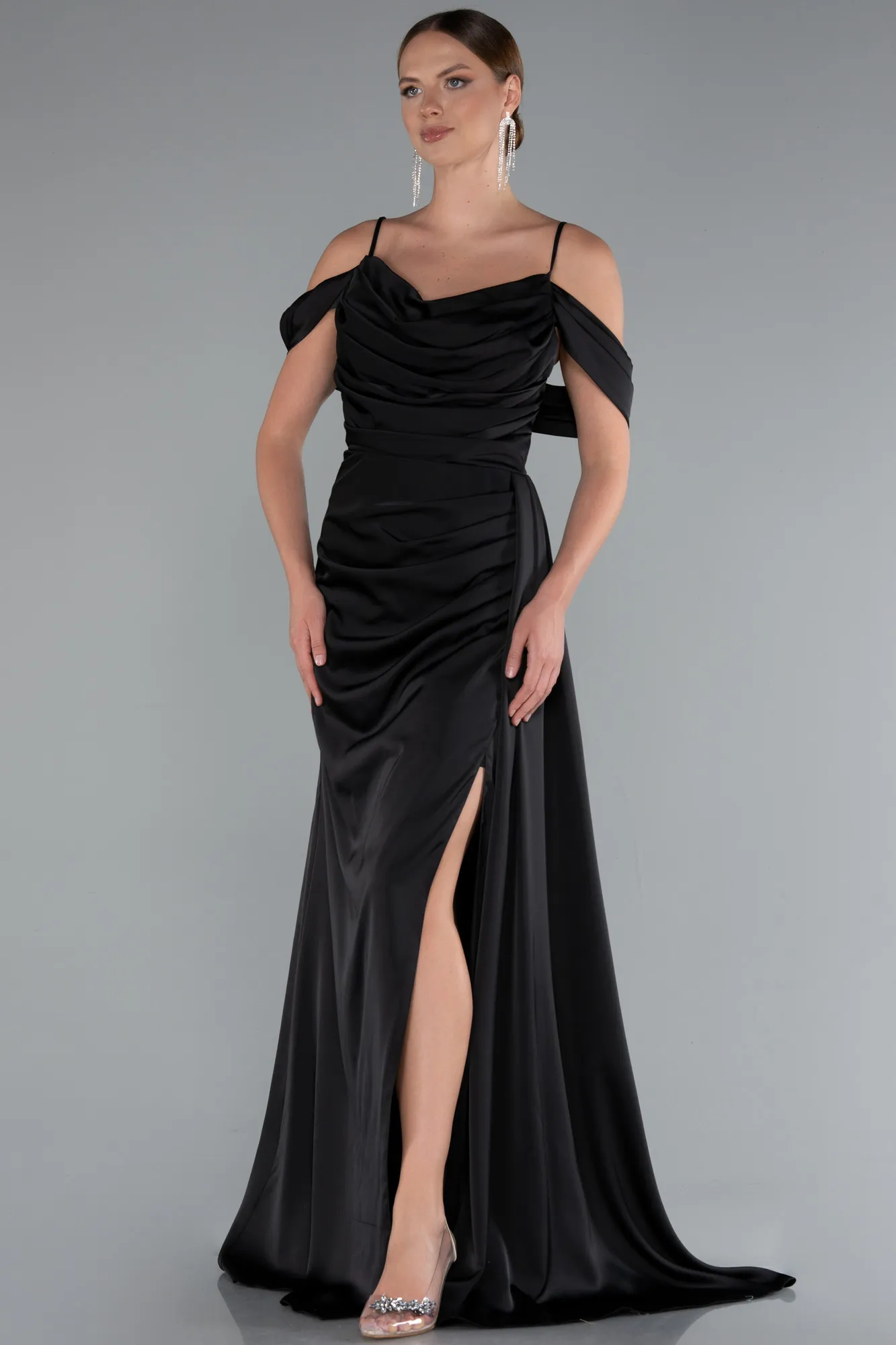 Black-Long Satin Prom Gown ABU4659