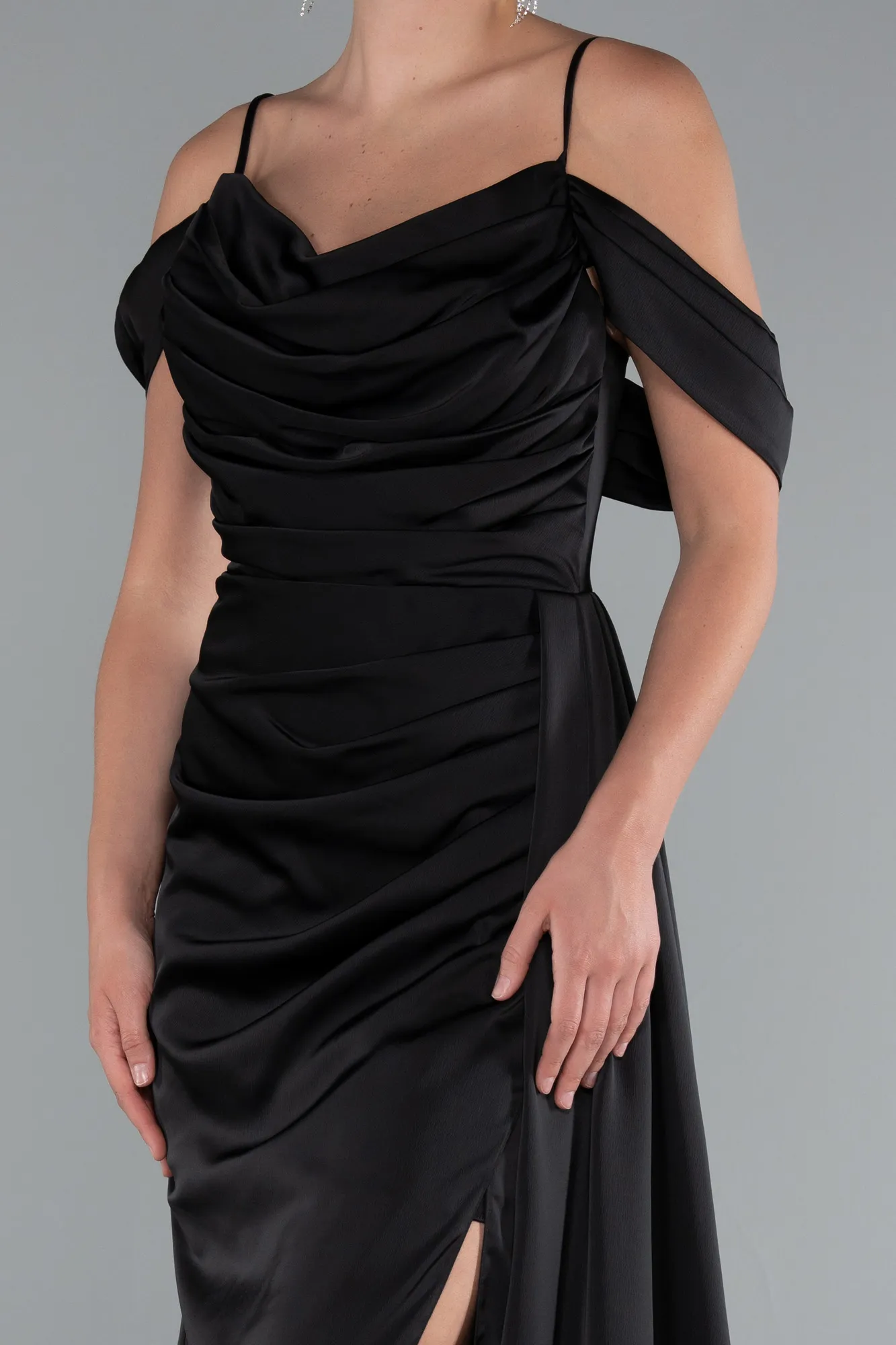 Black-Long Satin Prom Gown ABU4659
