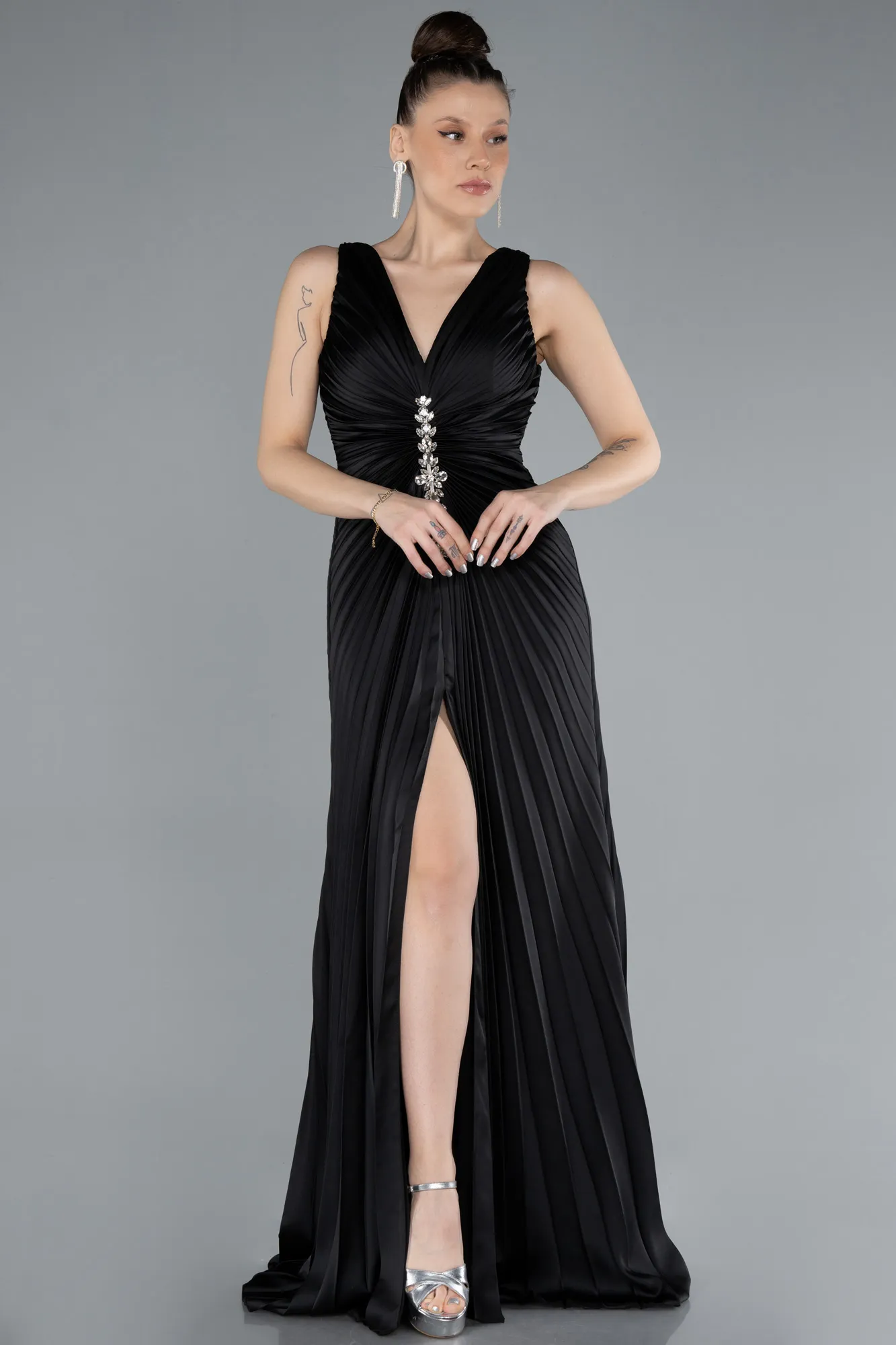 Black-Long Satin Prom Gown ABU4669