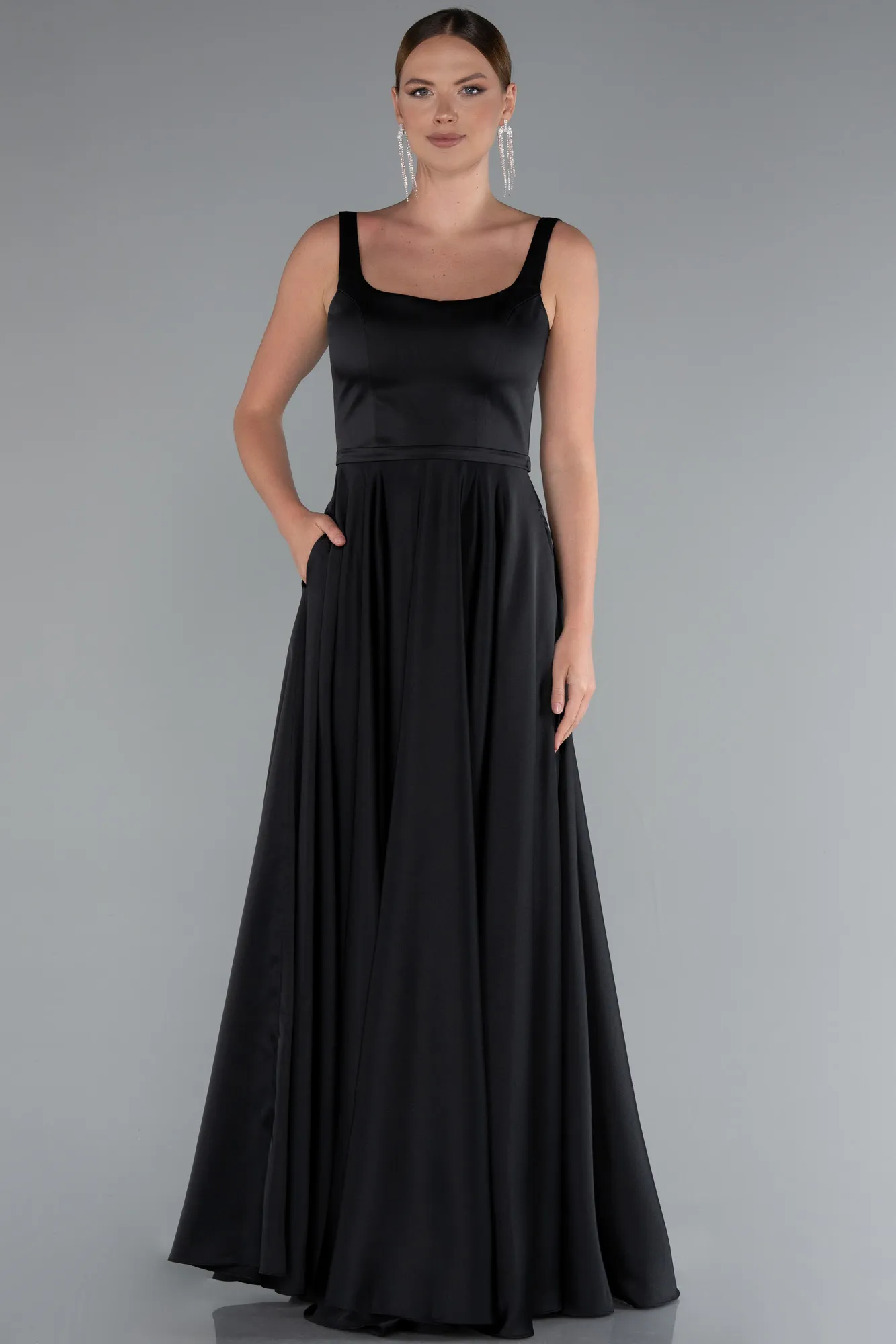 Black-Long Satin Prom Gown ABU5059