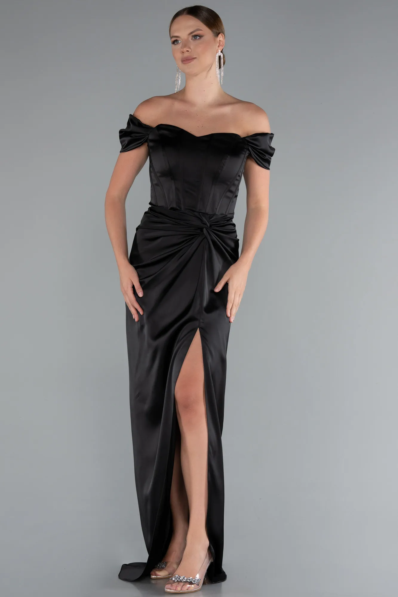 Black-Long Satin Prom Gown ABU5061