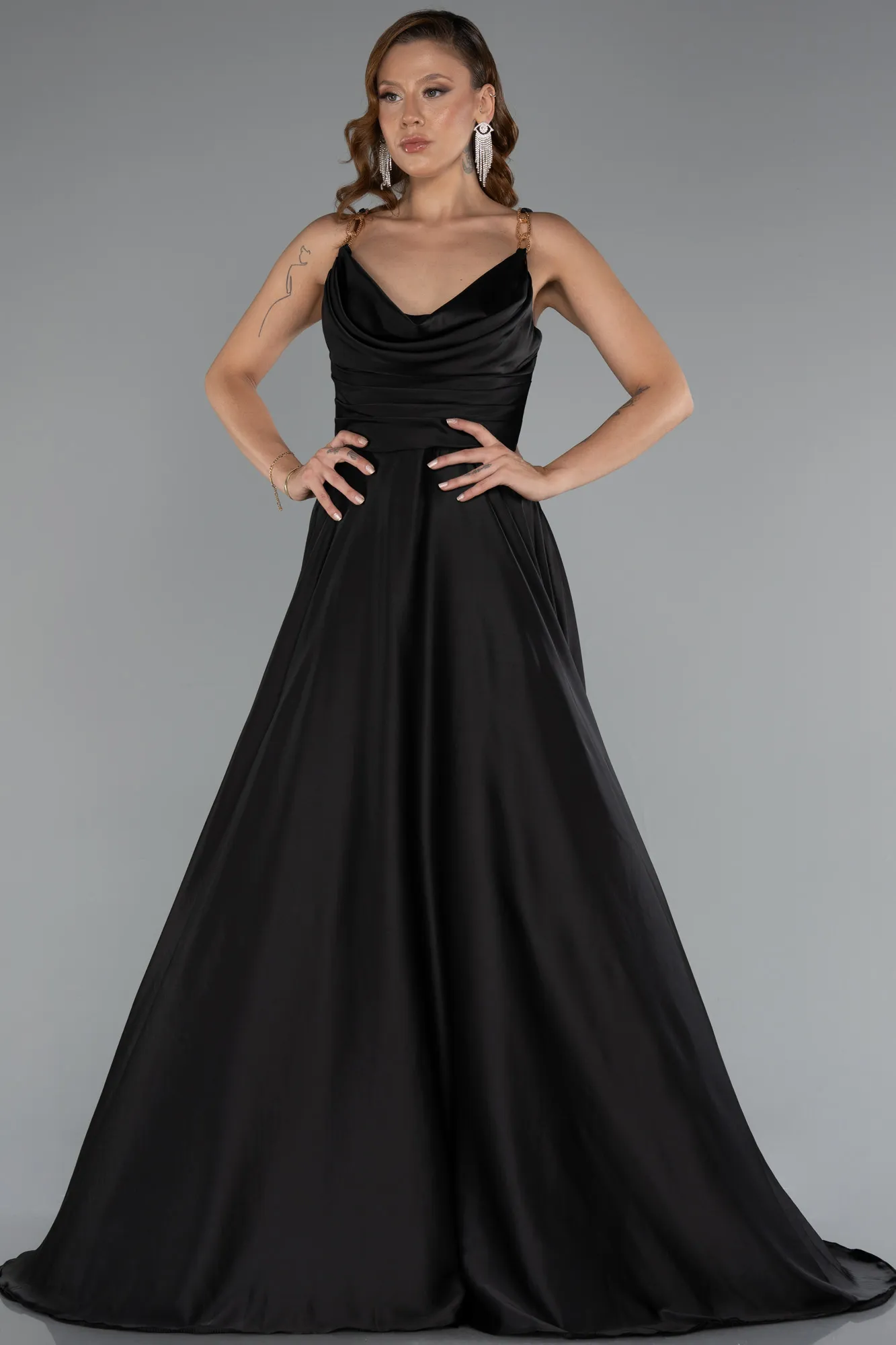 Black-Long Satin Prom Gown ABU5146
