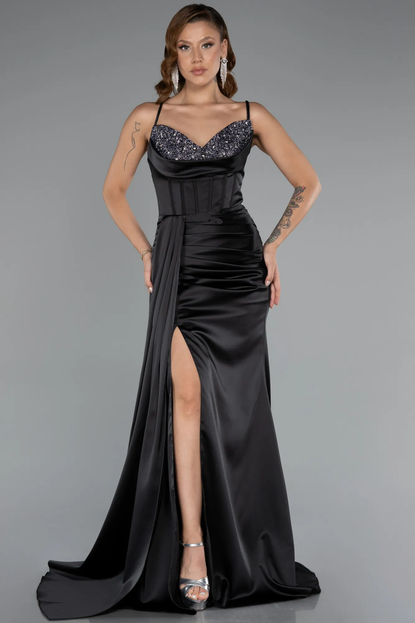 Black-Long Satin Prom Gown ABU5171