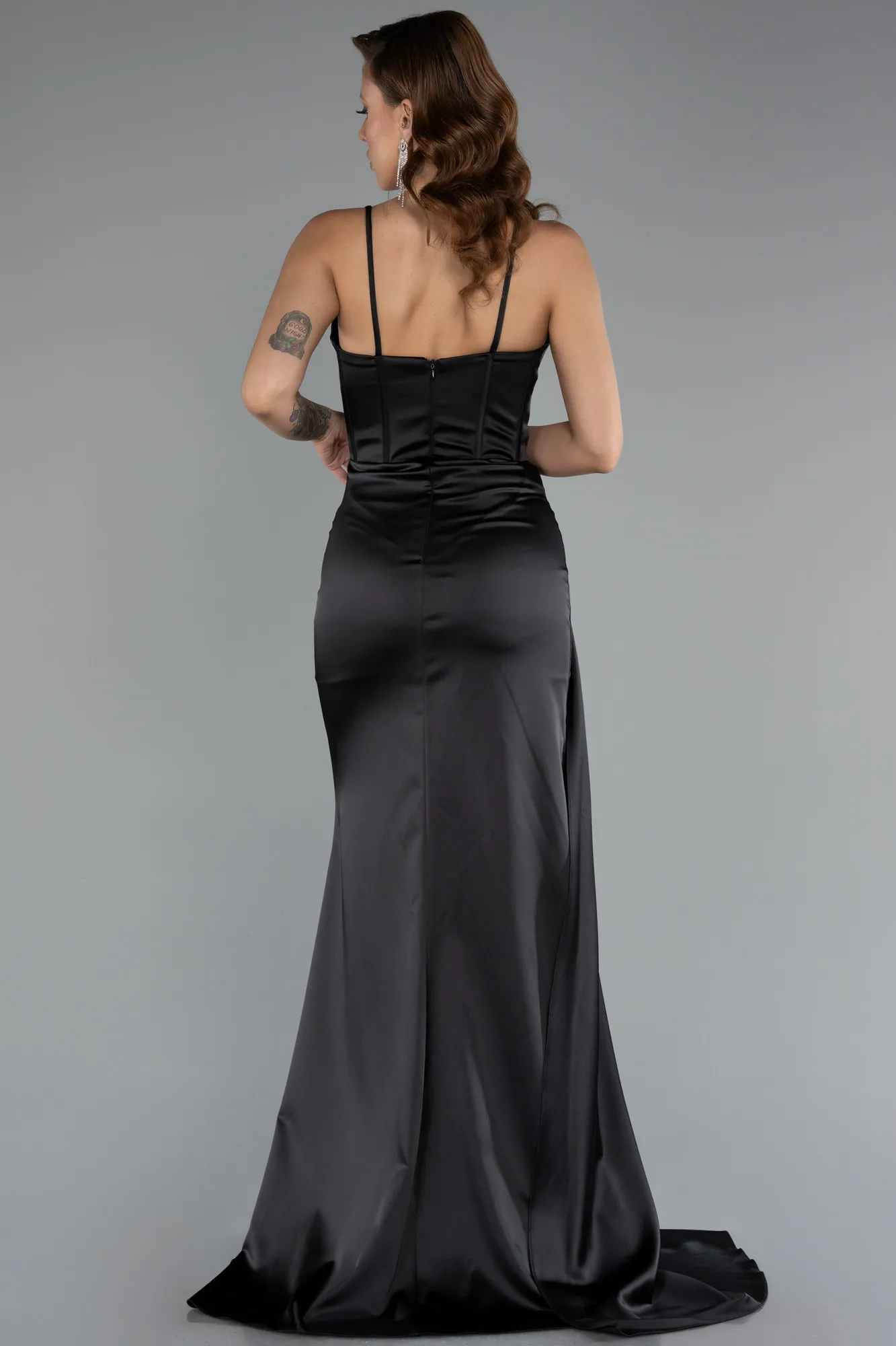Black-Long Satin Prom Gown ABU5171