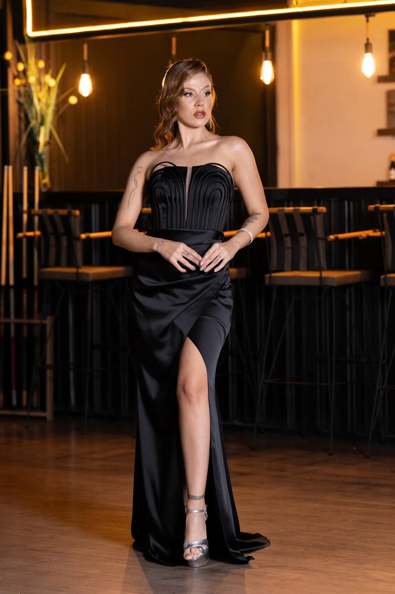 Black-Long Satin Prom Gown ABU5417