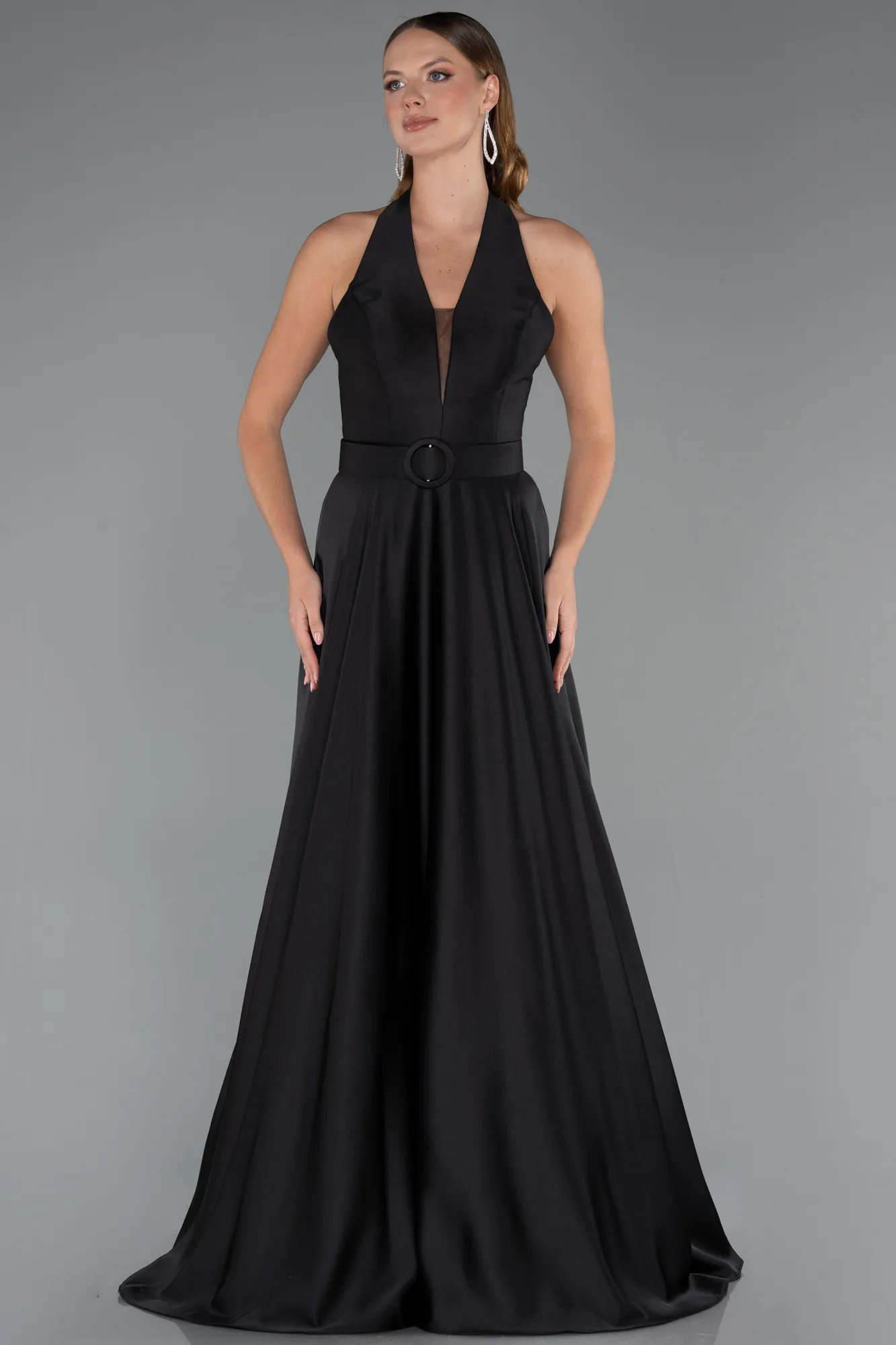 Black-Long Satin Prom Gown ABU5480