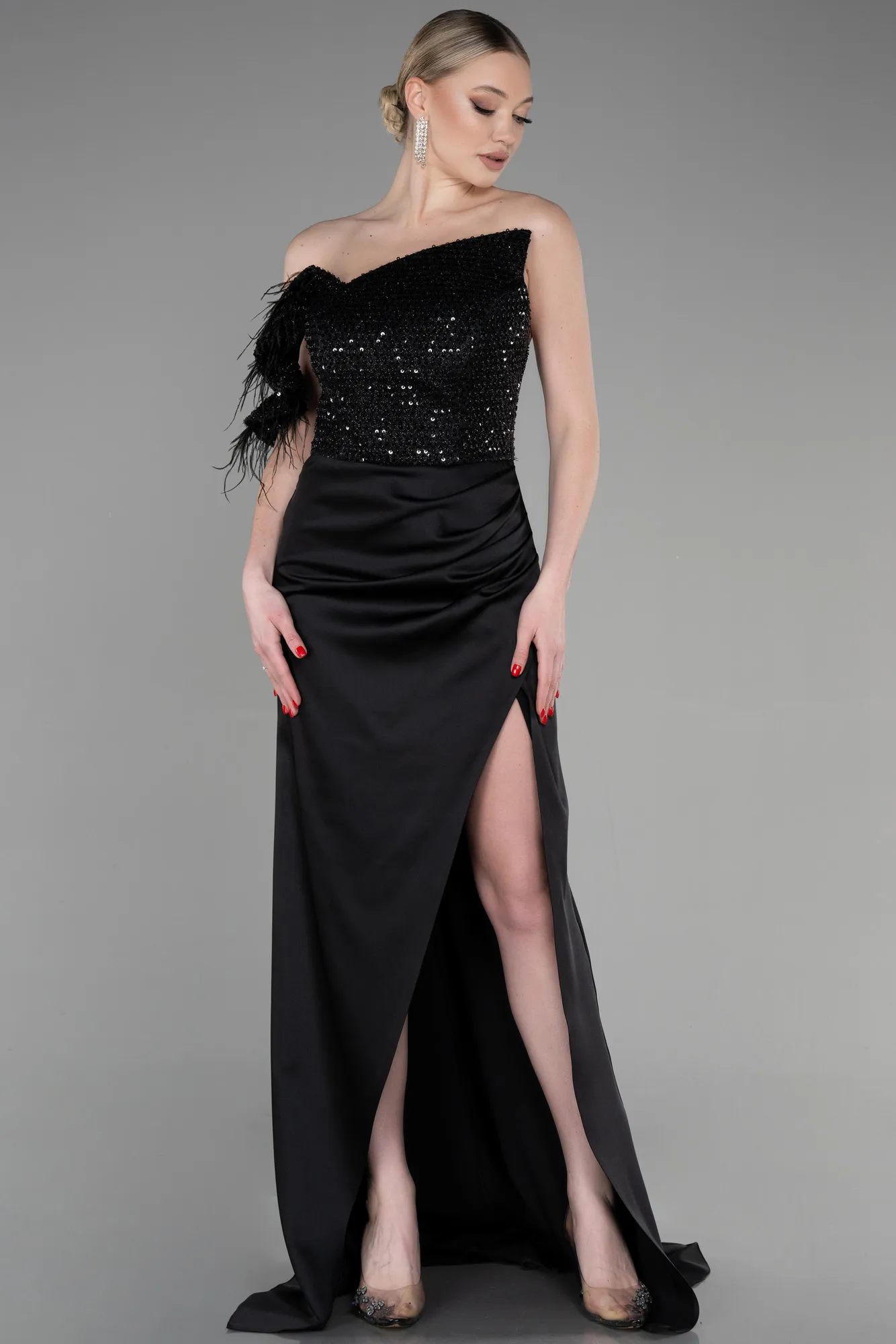 Black-Long Satin Special Design Engagement Dress ABU3609