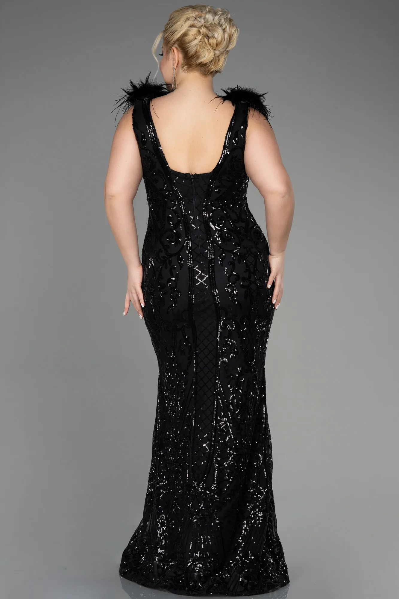 Black-Long Scaly Plus Size Engagement Dress ABU3671