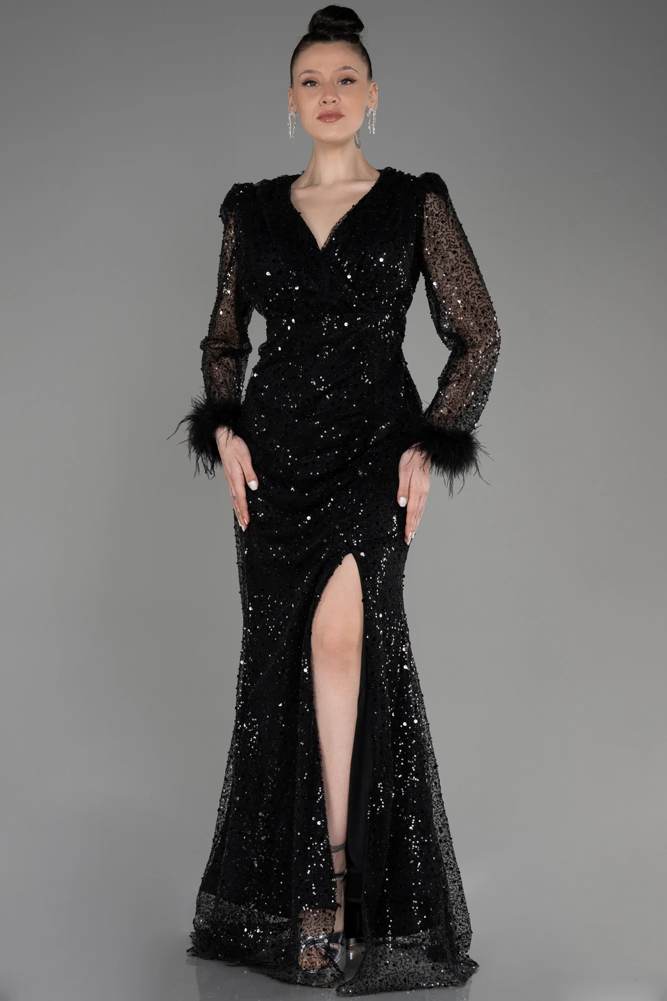 Black-Long Scaly Plus Size Engagement Dress ABU3790