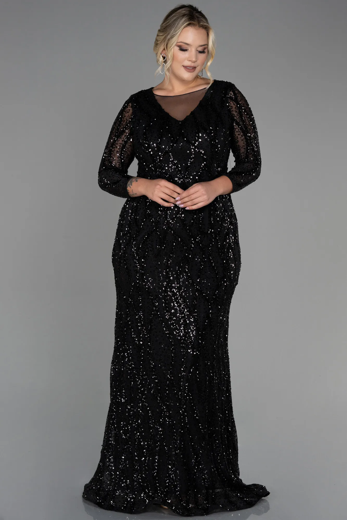 Black-Long Scaly Plus Size Evening Dress ABU3215