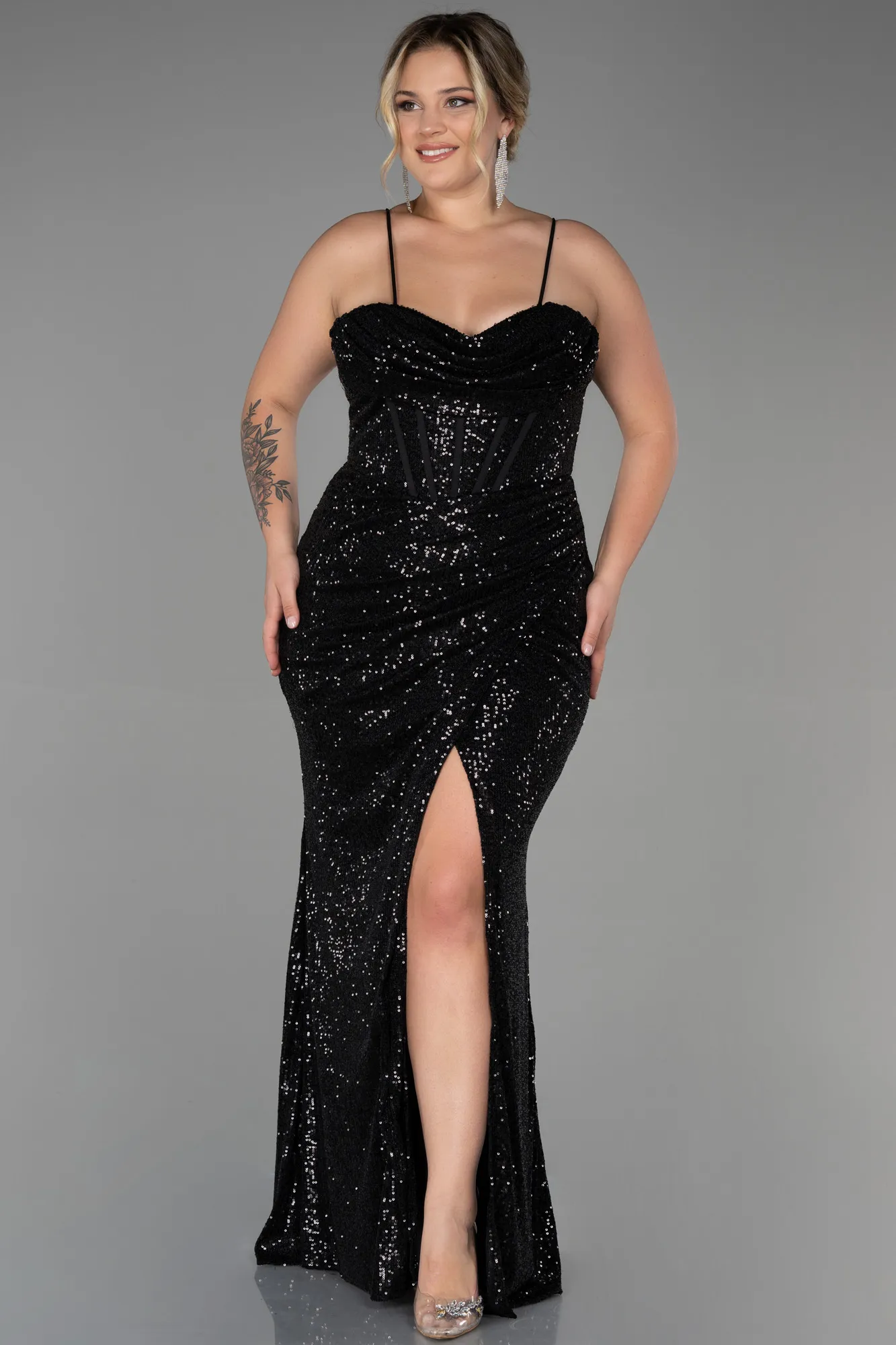 Black-Long Scaly Plus Size Evening Dress ABU3322
