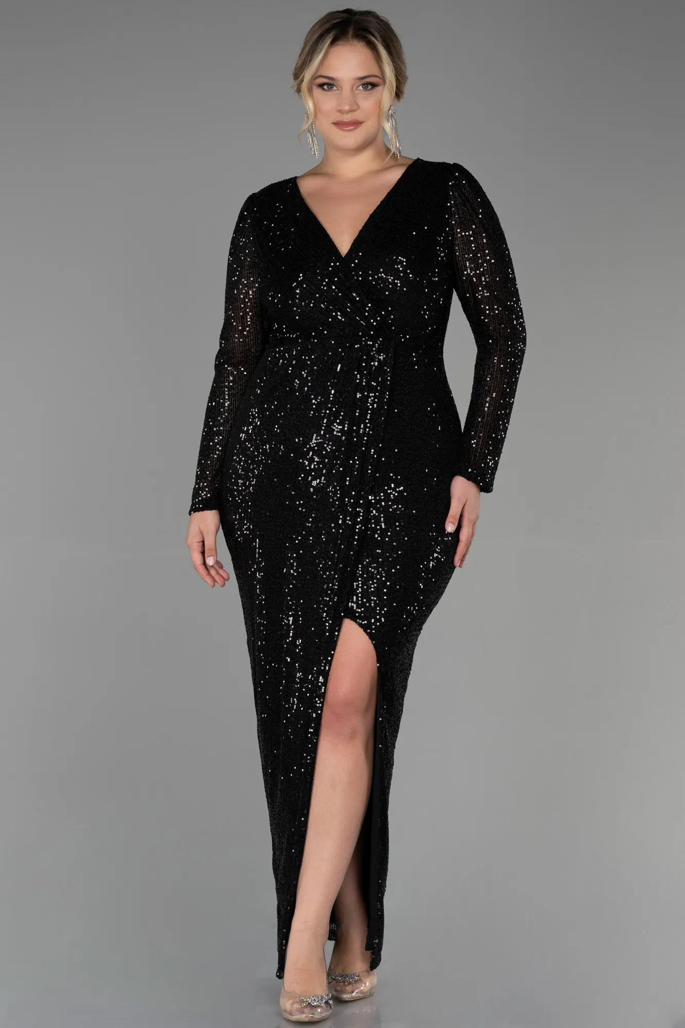 Black-Long Scaly Plus Size Evening Dress ABU3340