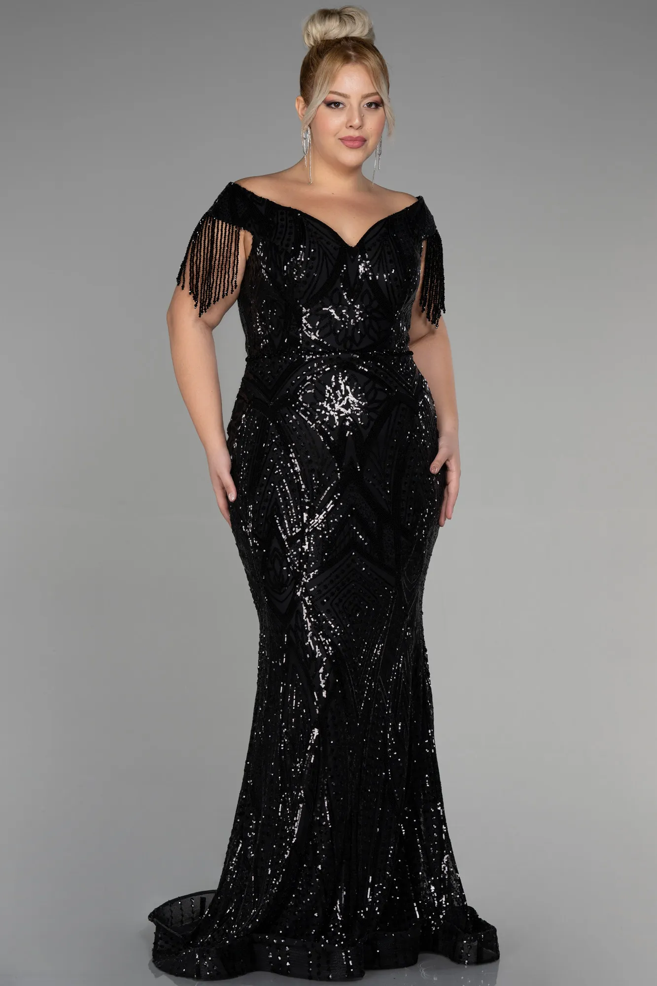 Black-Long Scaly Plus Size Evening Dress ABU3374