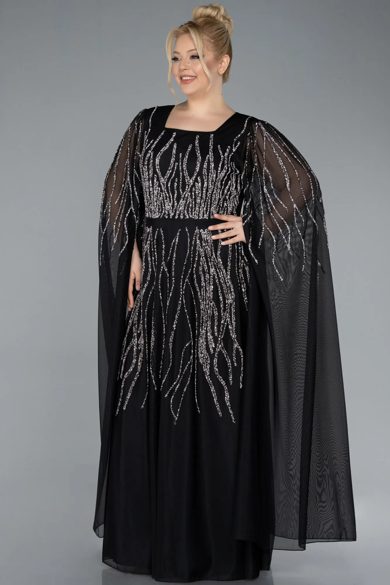 Black-Long Shawl Sleeve Stoned Plus Size Evening Dress ABU4679