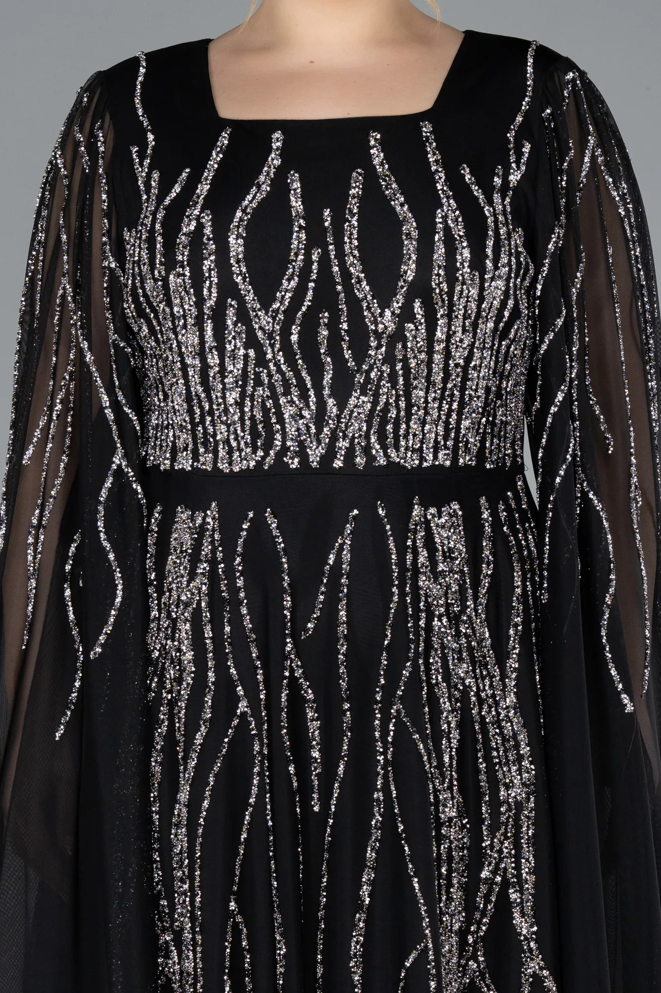 Black-Long Shawl Sleeve Stoned Plus Size Evening Dress ABU4679