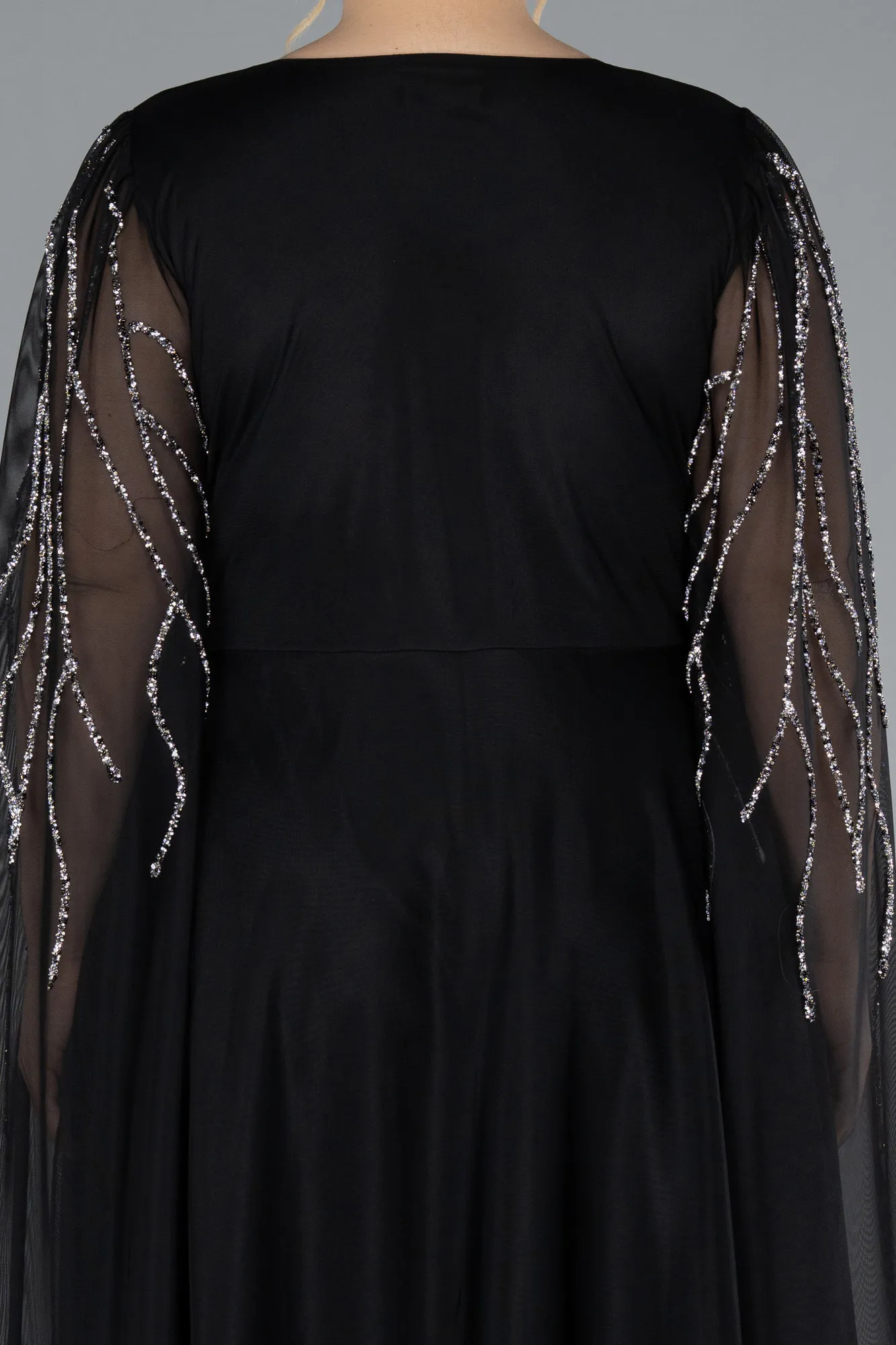 Black-Long Shawl Sleeve Stoned Plus Size Evening Dress ABU4679