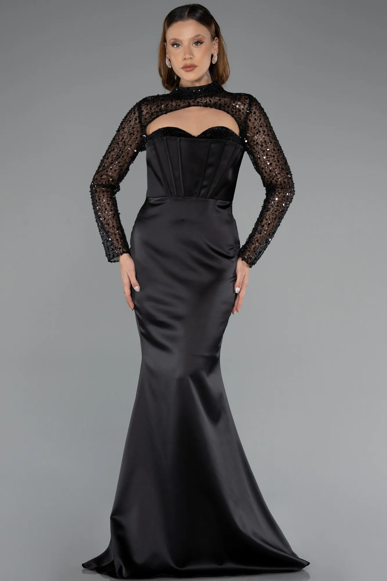 Black-Long Sleeve Bustier Detailed Sequin Train Satin Evening Gown ABU4765