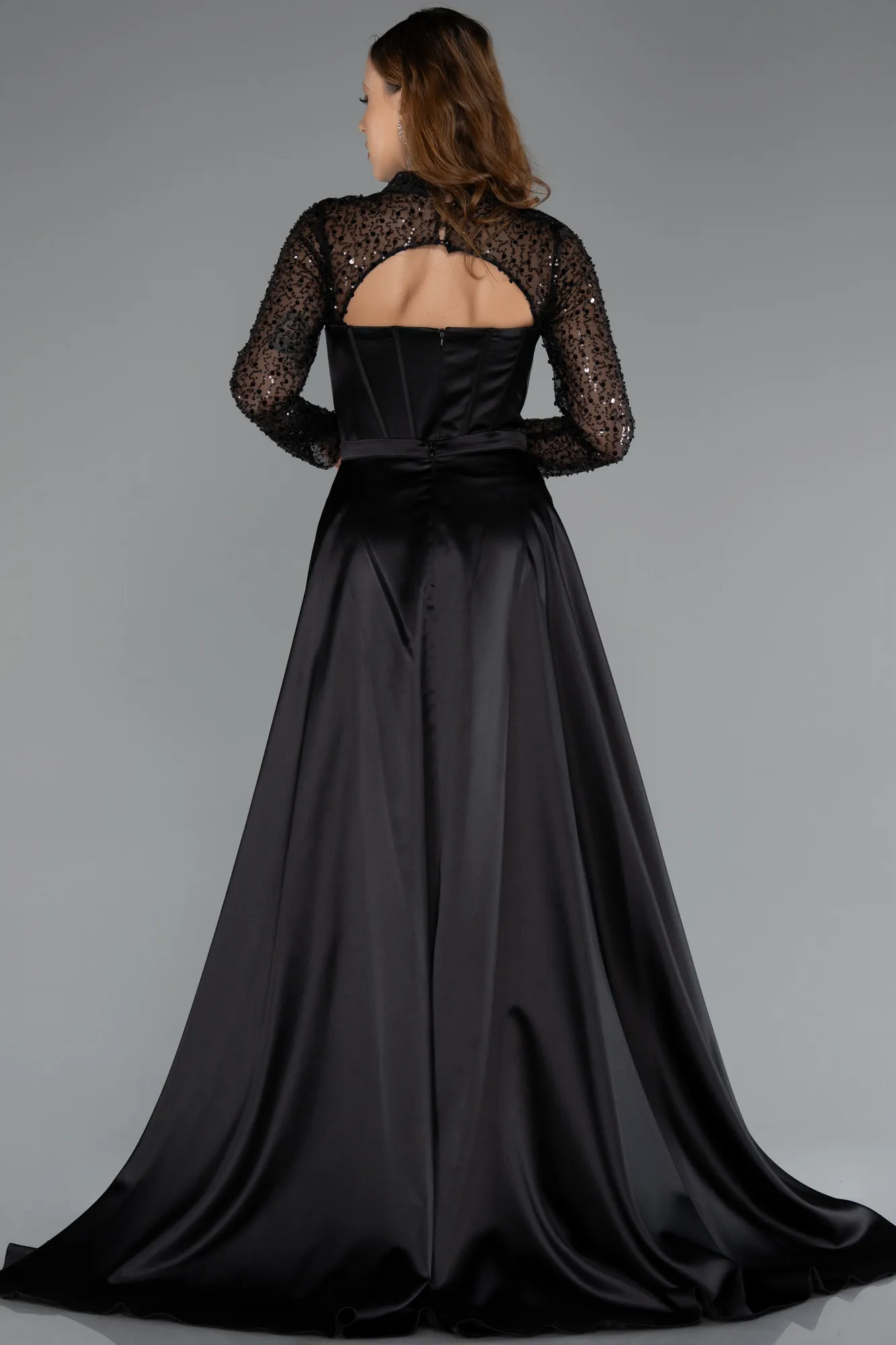 Black-Long Sleeve Bustier Detailed Sequin Train Satin Evening Gown ABU4765