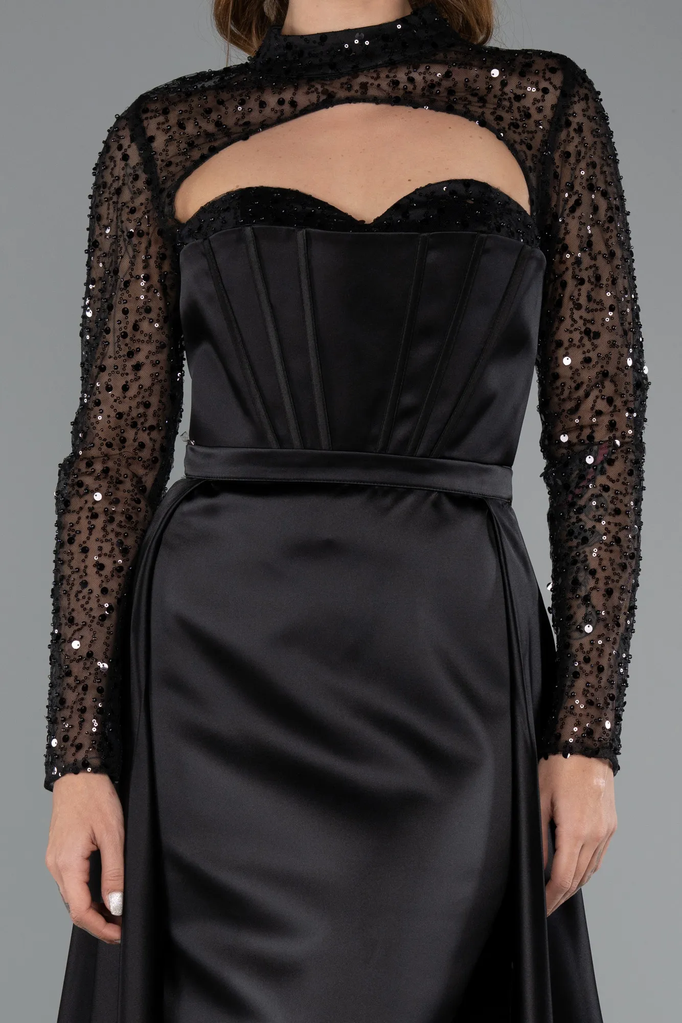 Black-Long Sleeve Bustier Detailed Sequin Train Satin Evening Gown ABU4765