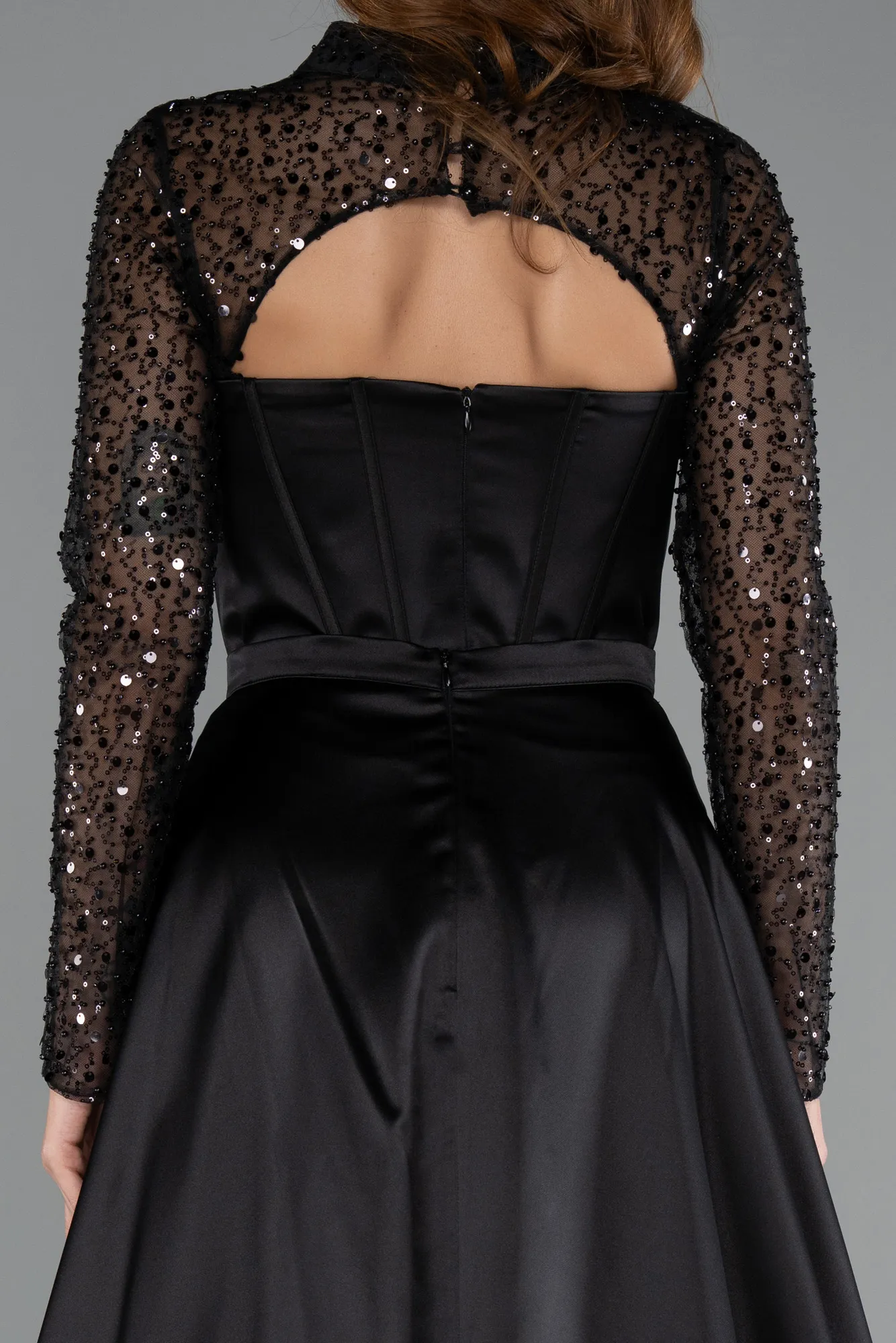 Black-Long Sleeve Bustier Detailed Sequin Train Satin Evening Gown ABU4765
