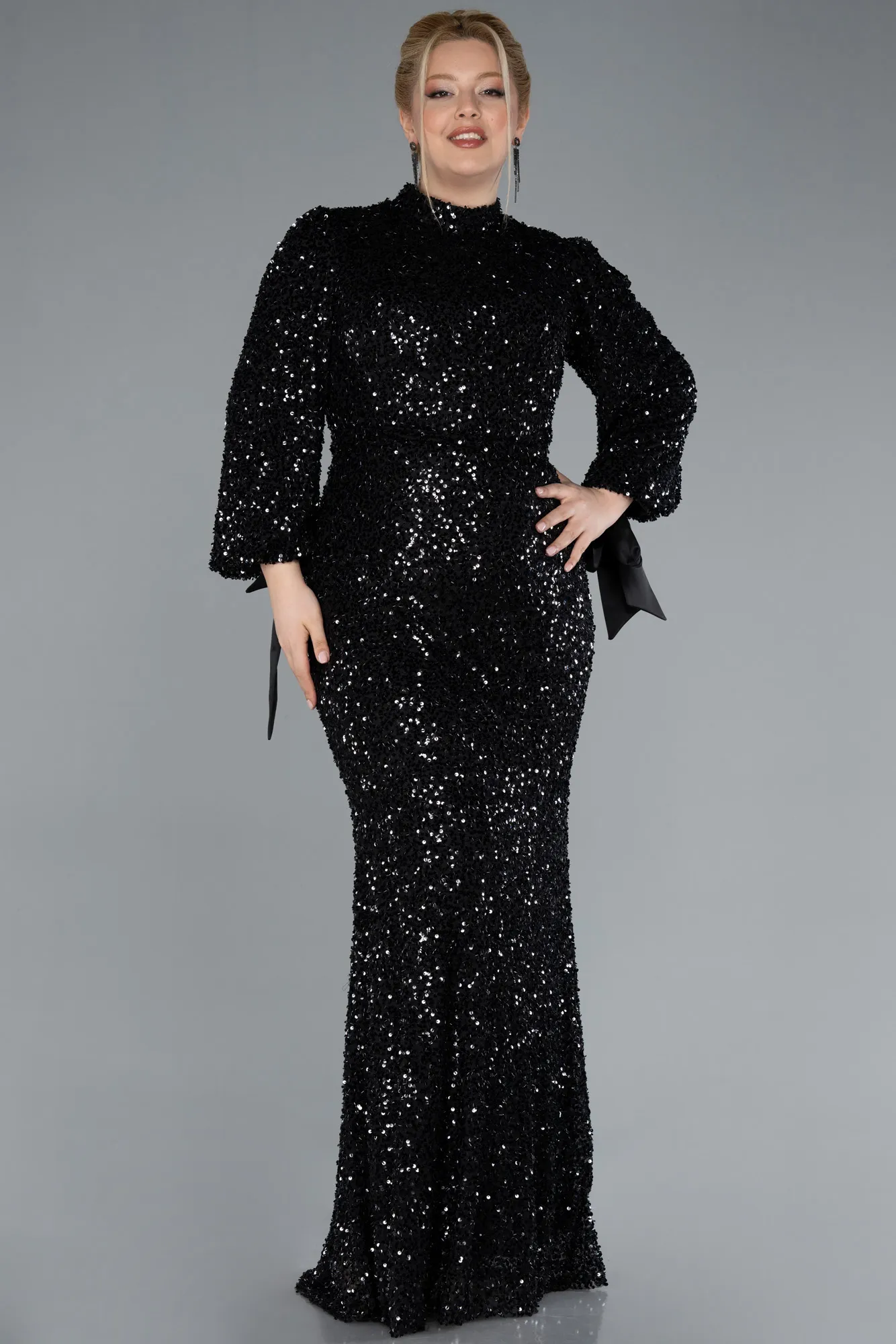 Black-Long Sleeve High Collar Sequined Plus Size Evening Gown ABU4565