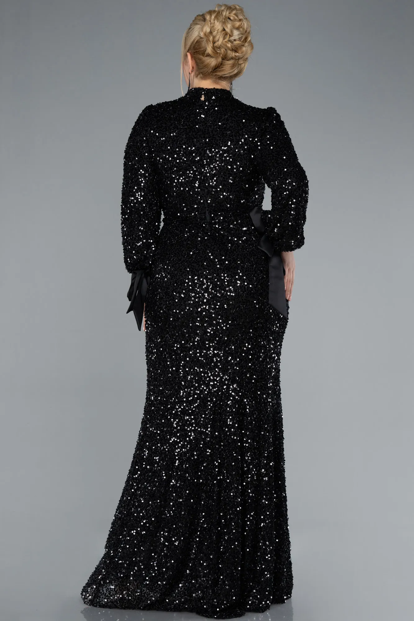 Black-Long Sleeve High Collar Sequined Plus Size Evening Gown ABU4565