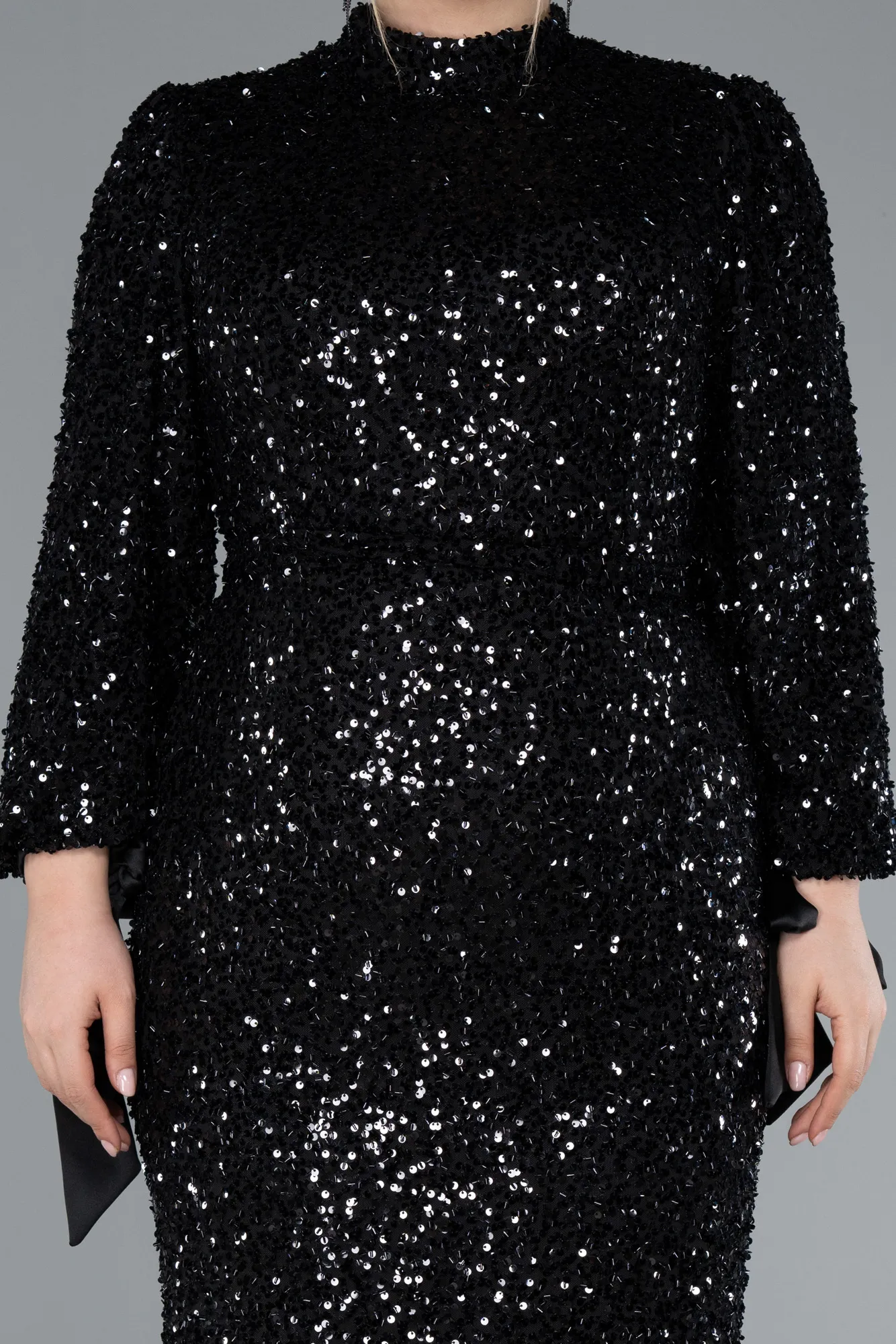 Black-Long Sleeve High Collar Sequined Plus Size Evening Gown ABU4565