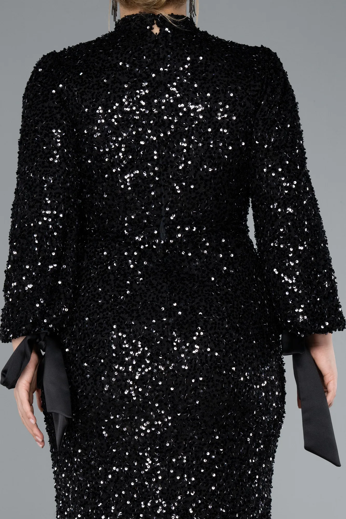 Black-Long Sleeve High Collar Sequined Plus Size Evening Gown ABU4565