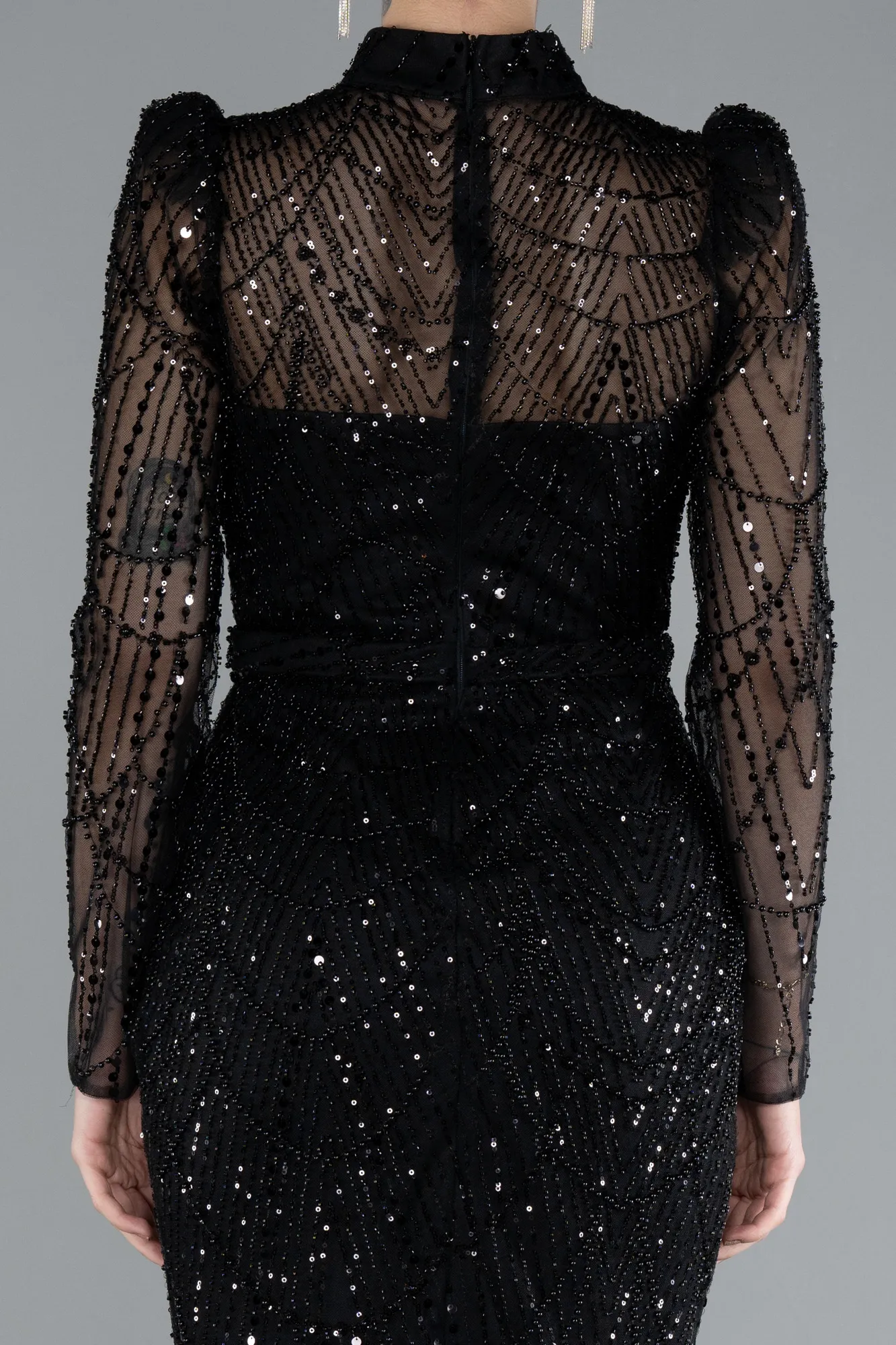 Black-Long Sleeve High Collar Stoned Evening Gown ABU4526