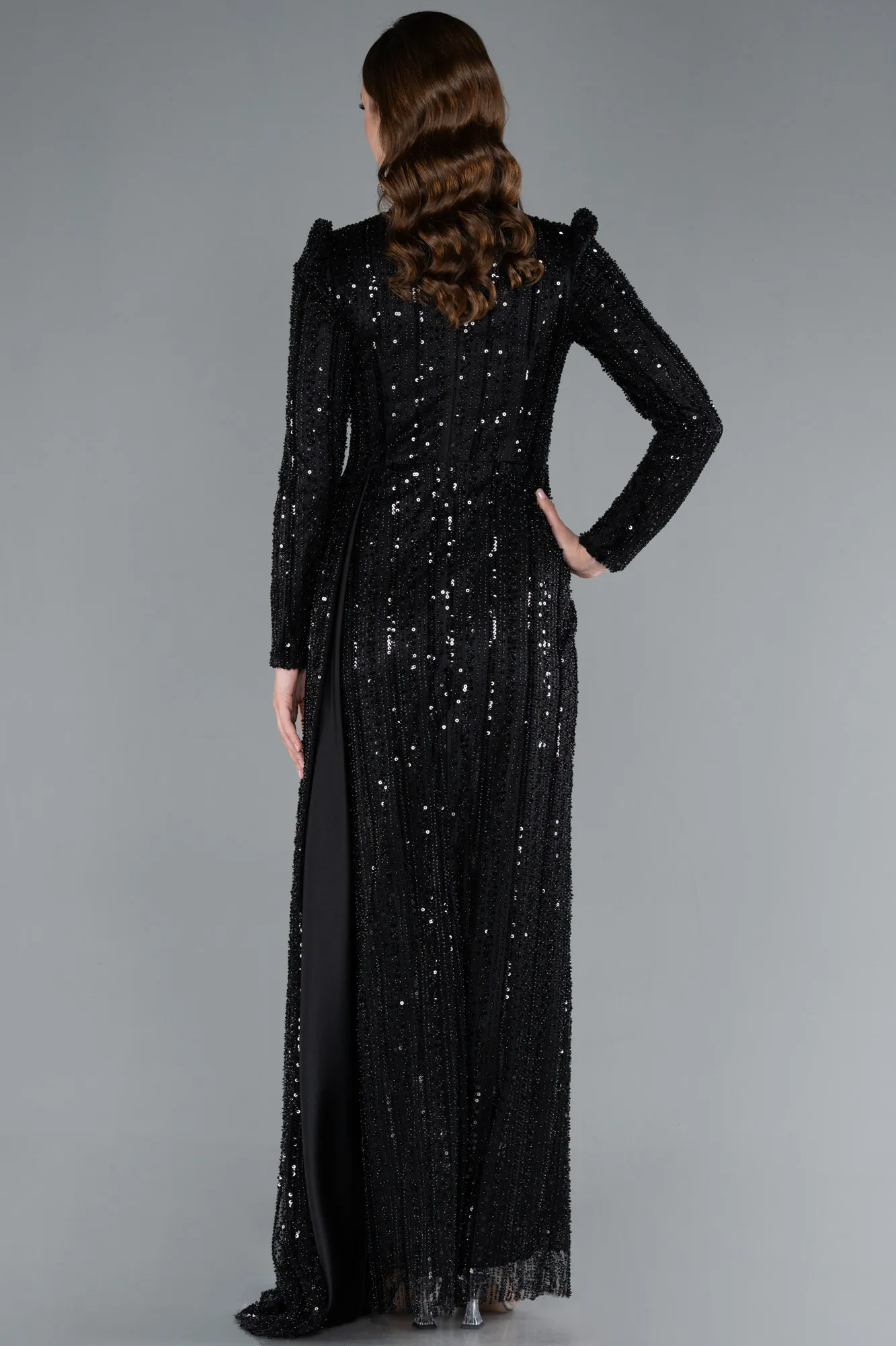 Black-Long Sleeve High Neck Beaded Evening Gown ABU4824