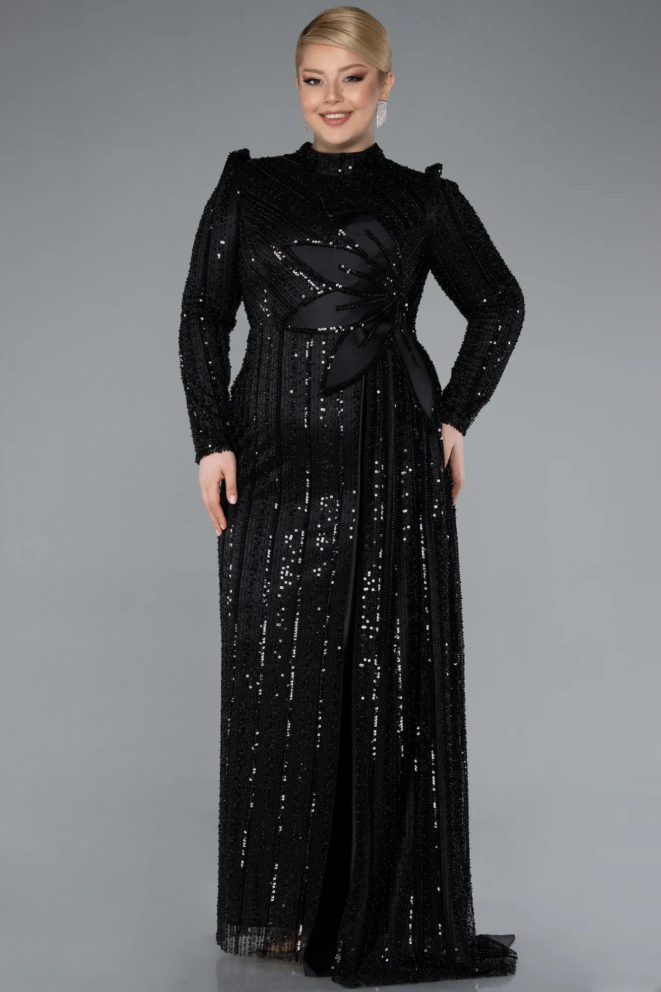 Black-Long Sleeve High Neck Beaded Plus Size Evening Gown ABU4825