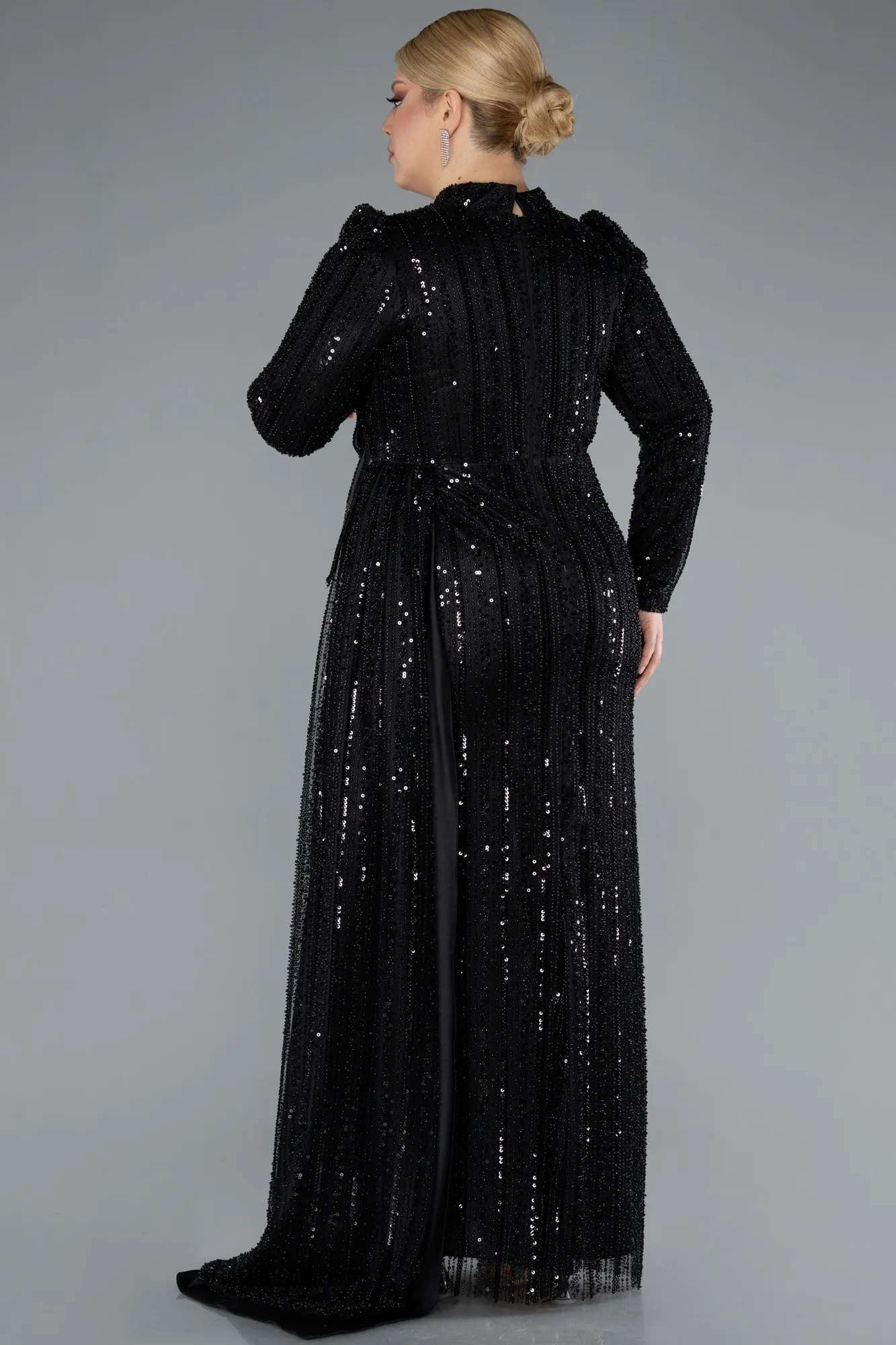 Black-Long Sleeve High Neck Beaded Plus Size Evening Gown ABU4825
