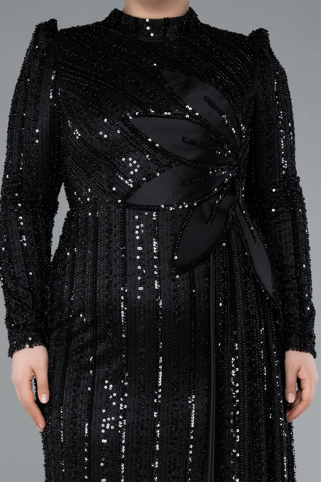 Black-Long Sleeve High Neck Beaded Plus Size Evening Gown ABU4825