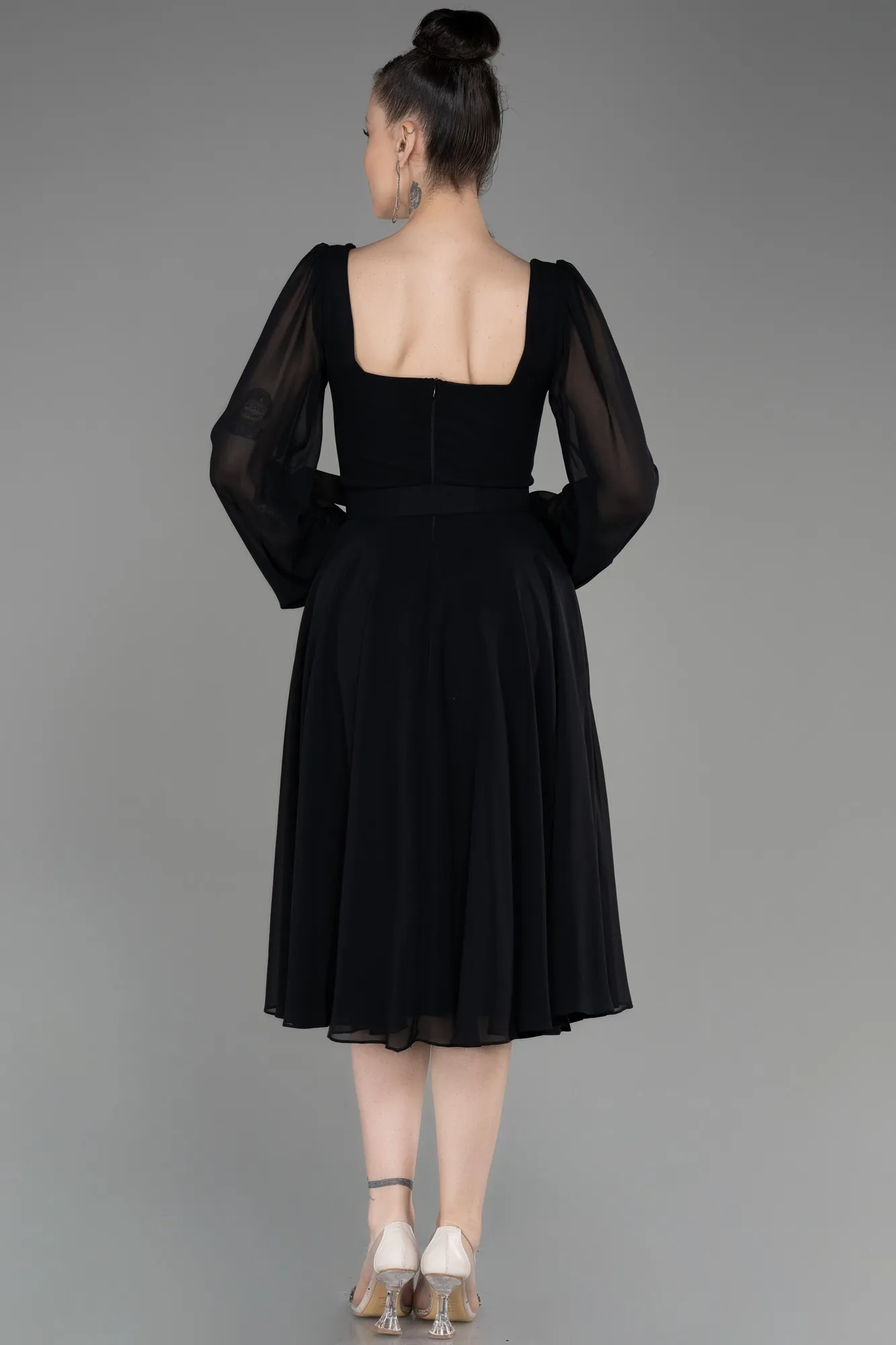 Black-Long Sleeve Midi Chiffon Cocktail Dress ABK2026